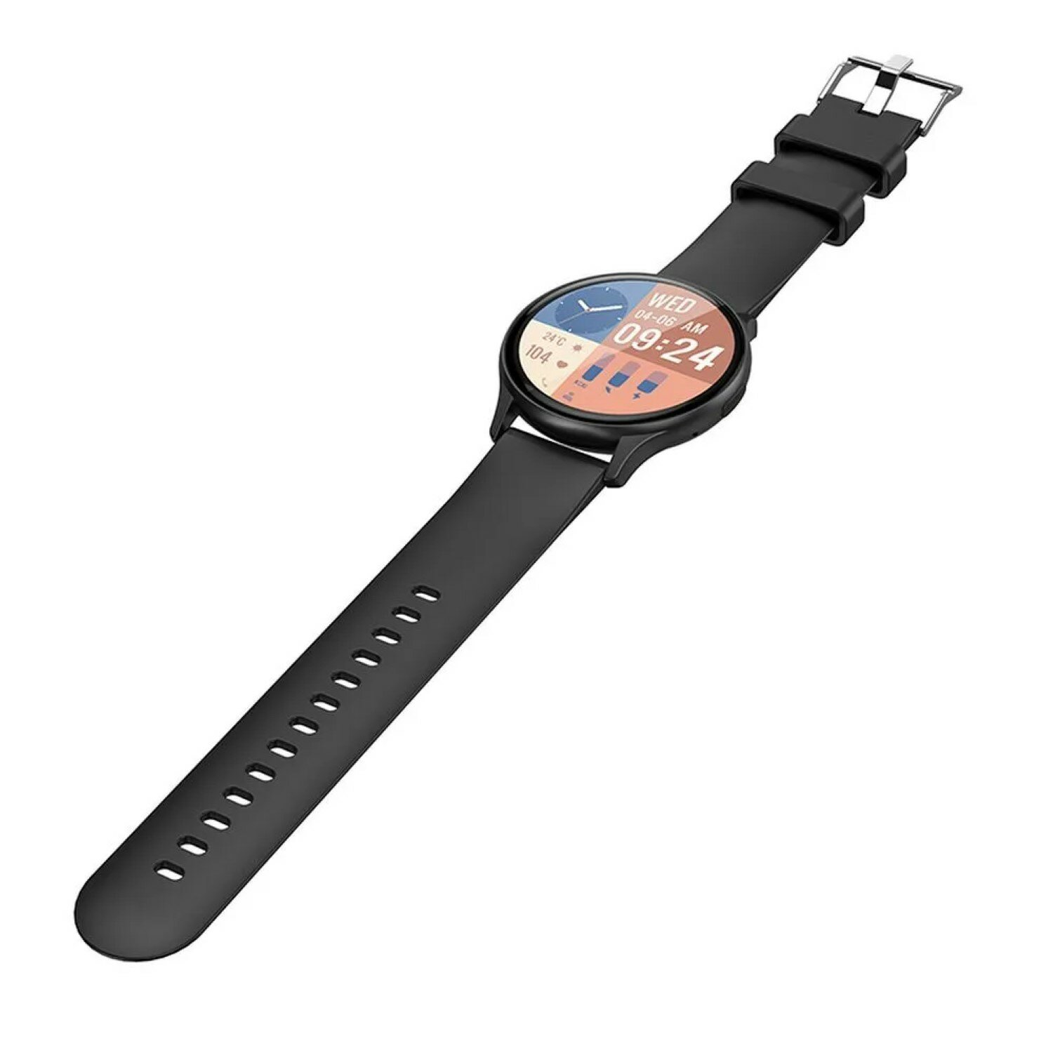 Uno smartwatch nero con un display circolare che mostra l'ora e la data. Cinturino nero, sfondo bianco.