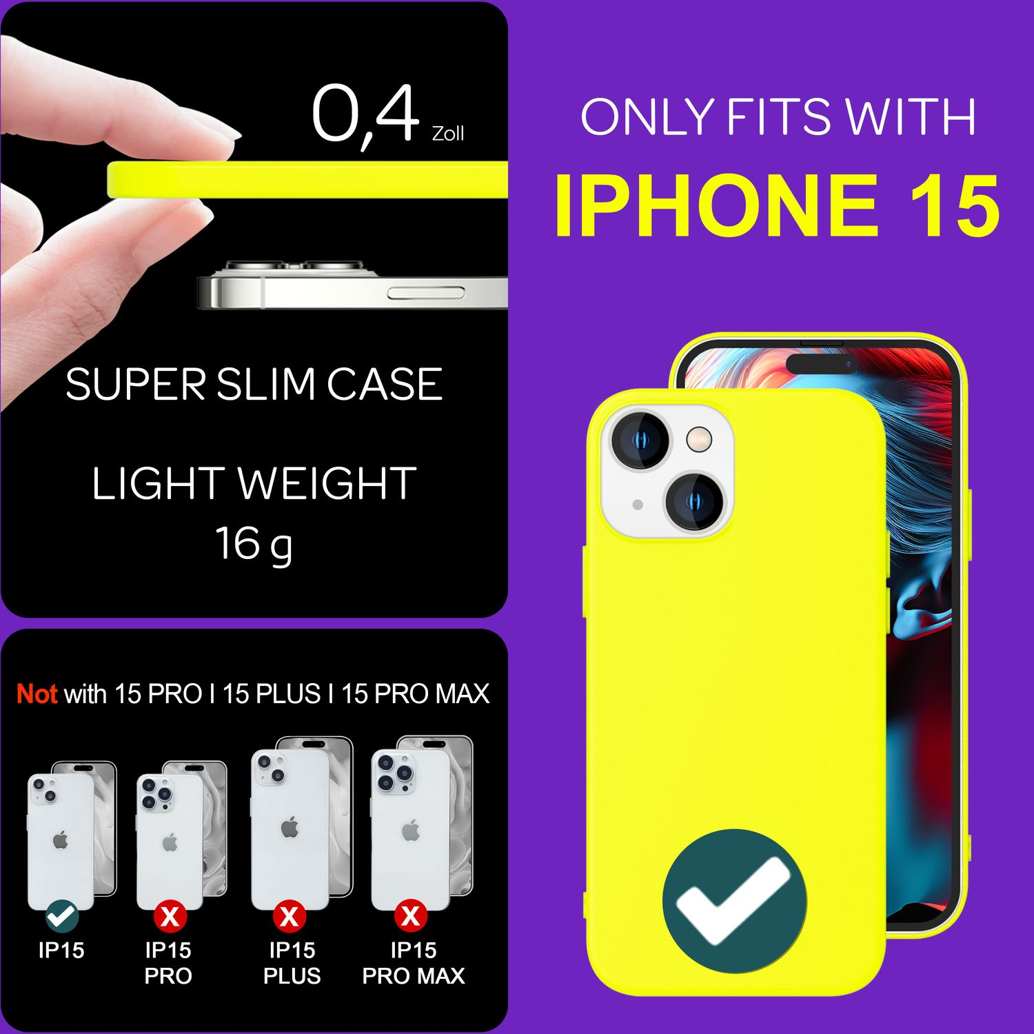 Custodia gialla per telefono, mostra le dimensioni e la compatibilità con iPhone 15.