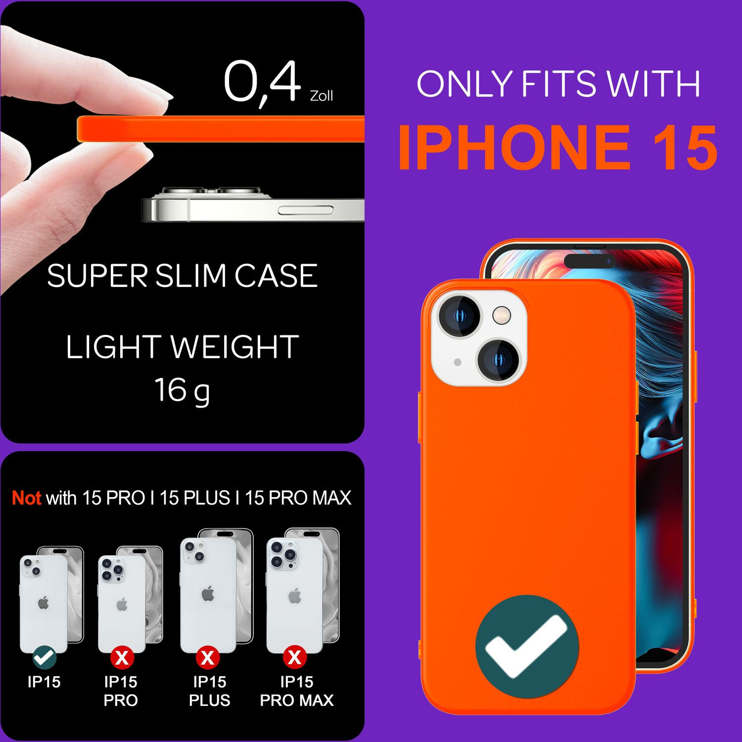 Custodia arancione per iPhone 15 con dettagli. Super sottile, leggera e solo per iPhone 15.