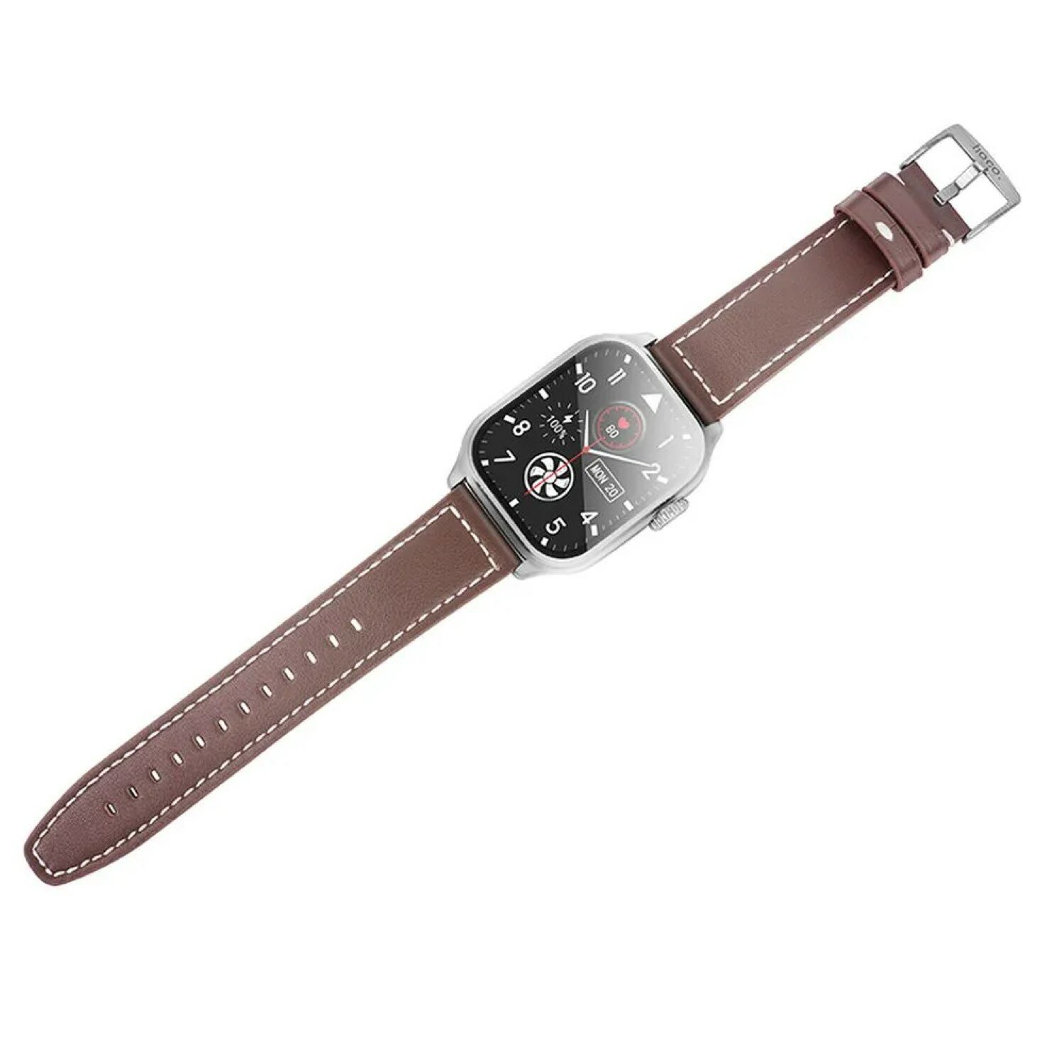 Smartwatch mit braunem Lederarmband. Das Zifferblatt zeigt Zeit und Gesundheitsmetriken. Weißer Hintergrund.