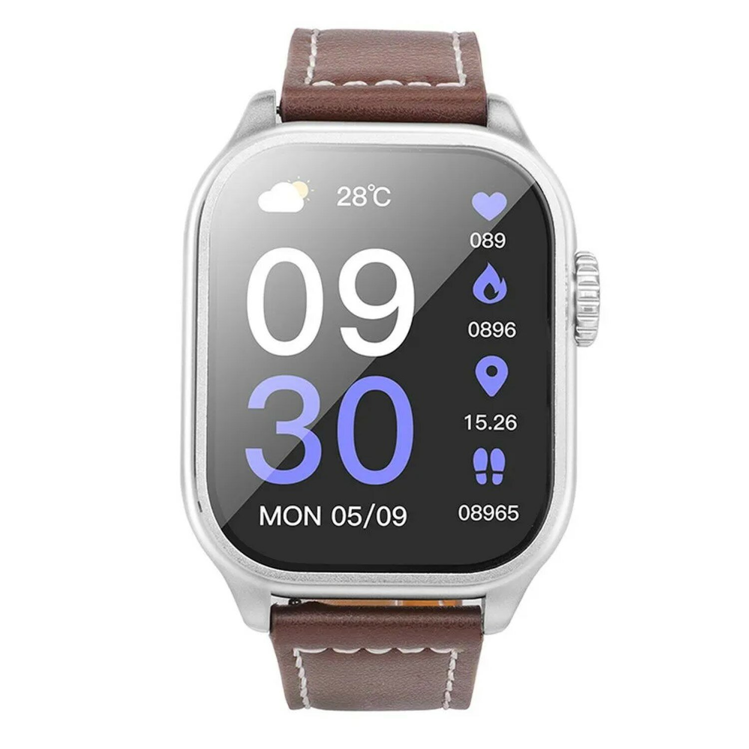 Eine silberne Smartwatch mit braunem Lederarmband, die Zeit, Datum und andere Daten anzeigt.