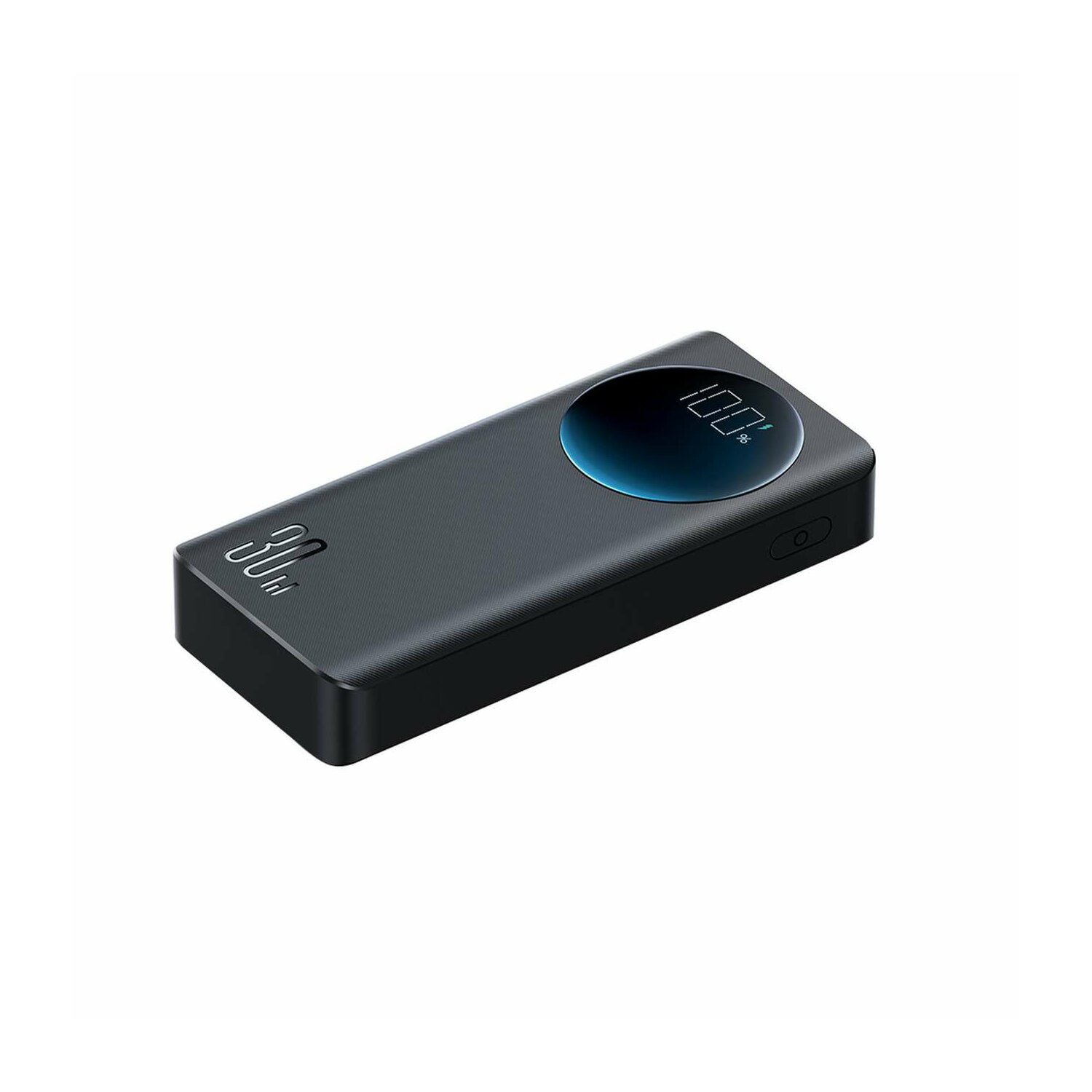 Eine schwarze Powerbank mit einem Bildschirm, der 100 % und eine Taste anzeigt.