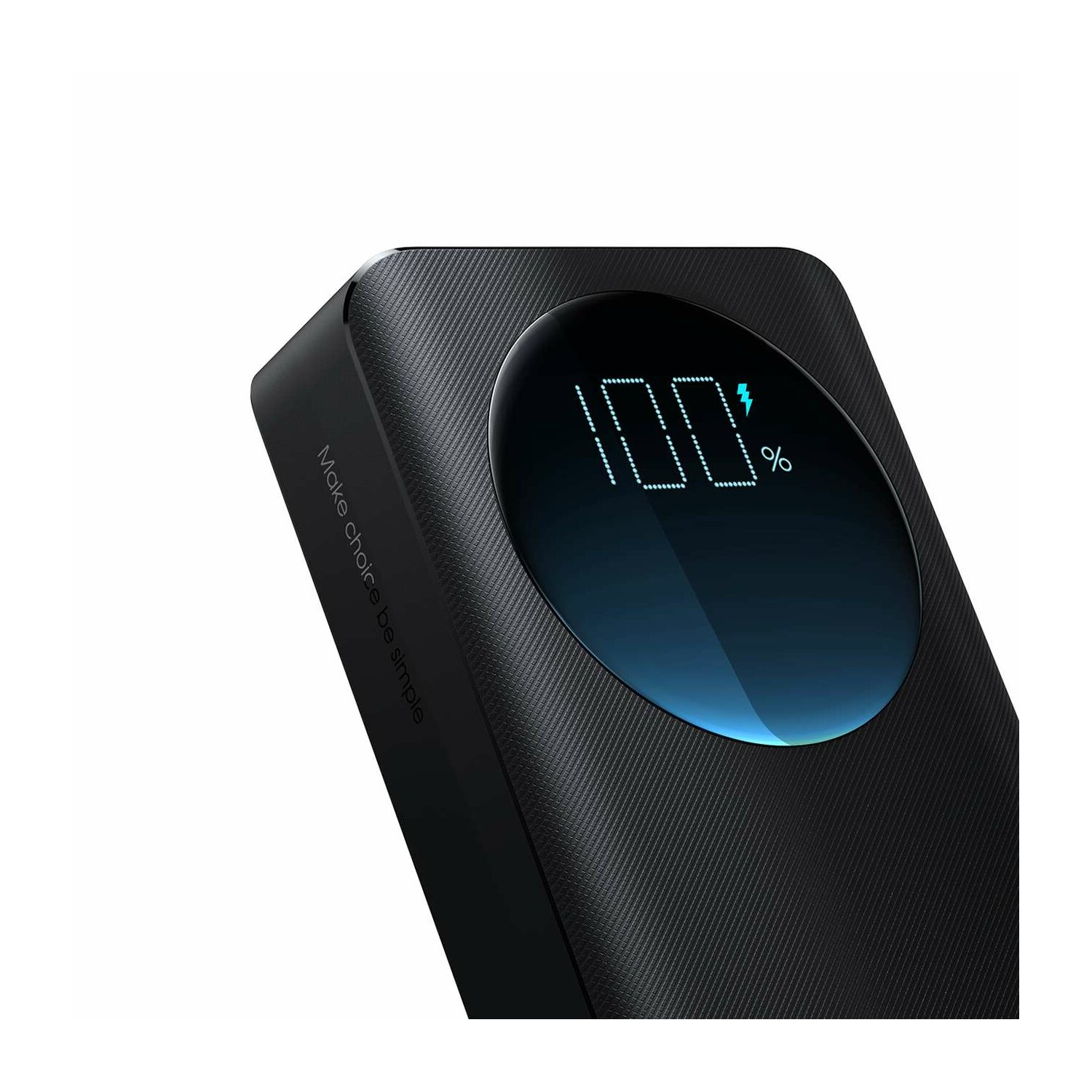 Schwarze Powerbank mit digitaler Anzeige, die 100 % Akkulaufzeit anzeigt.