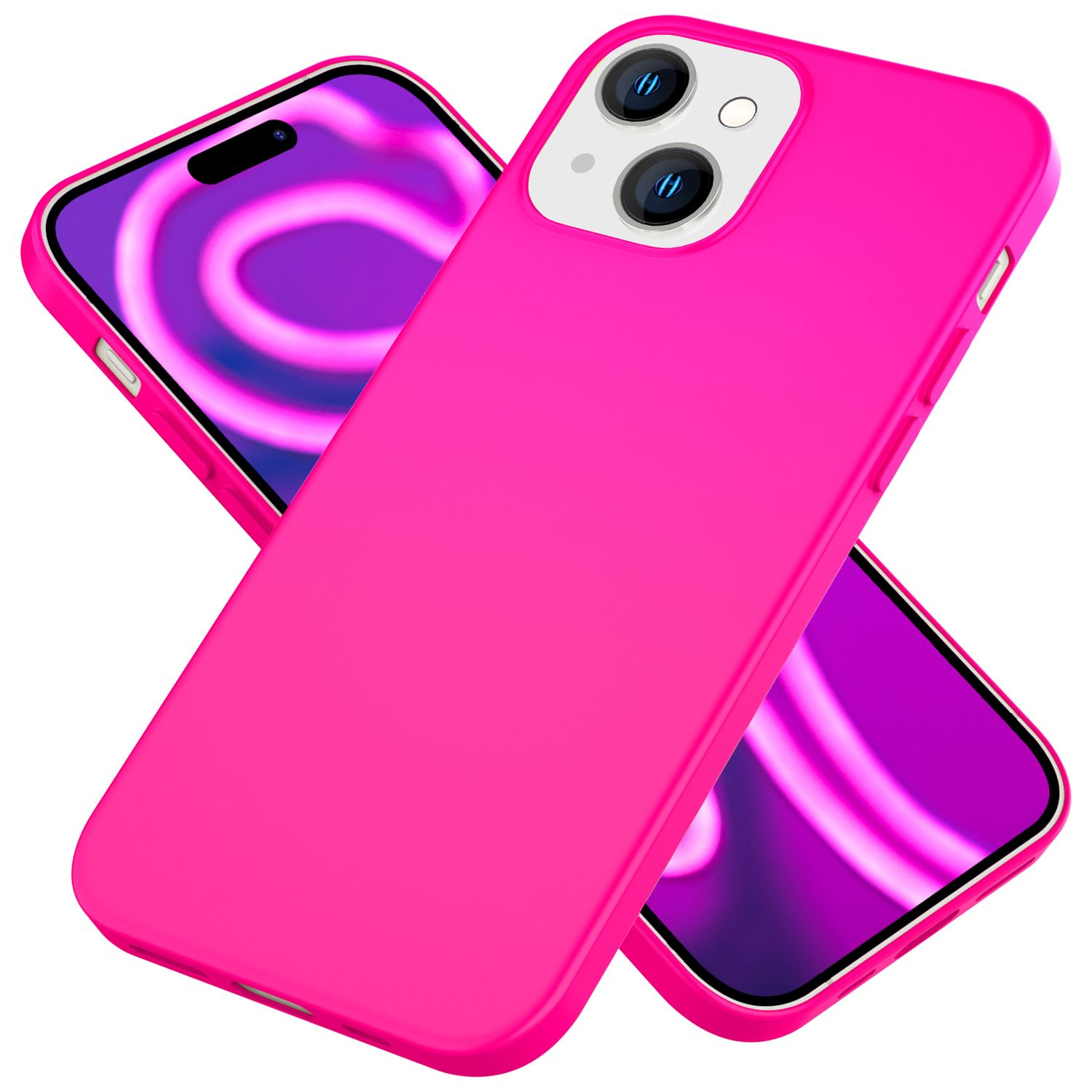 Zwei pinkfarbene Handyhüllen werden gezeigt. Eine ist auf dem Telefon. Die andere liegt flach und überlappt das Telefon.