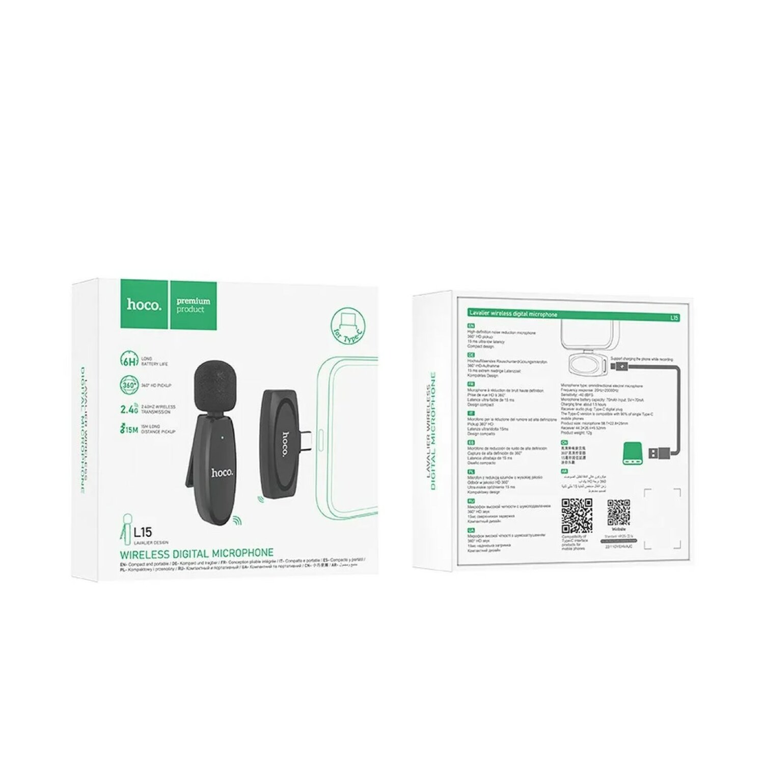 Kit microfono wireless in una scatola. La scatola contiene il microfono, un ricevitore e testo.