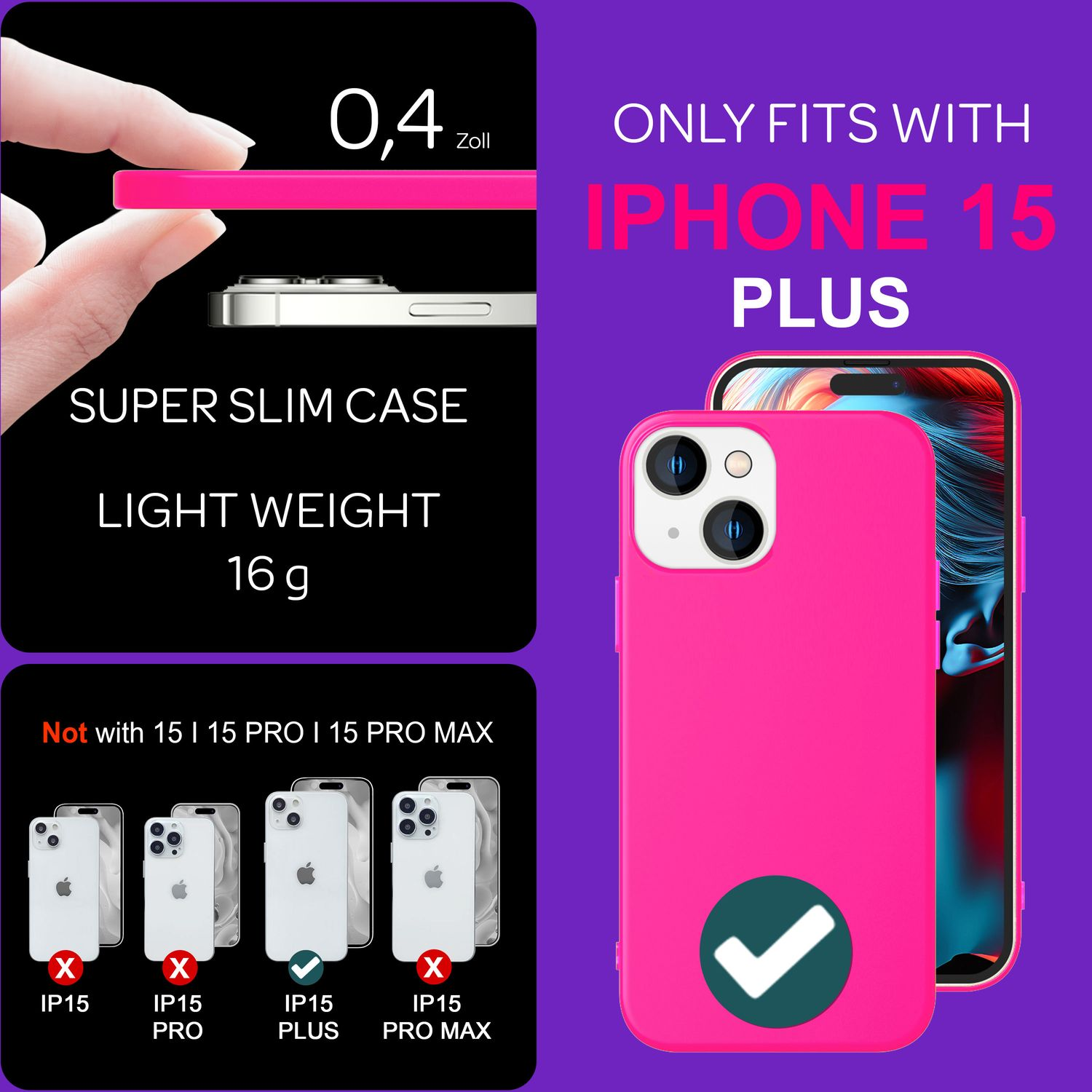 Eine rosa Handyhülle mit dem Text "iPhone 15 PLUS" und anderen Modellen.