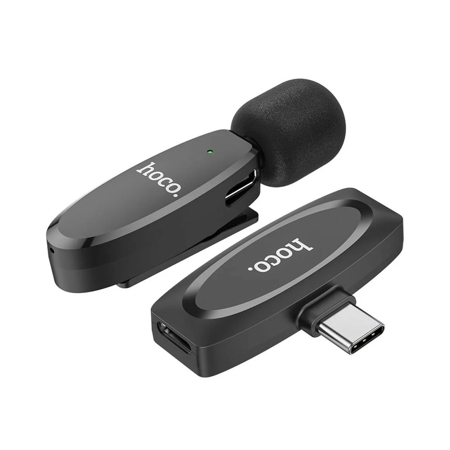 Microfono e ricevitore wireless neri con connettore USB-C.