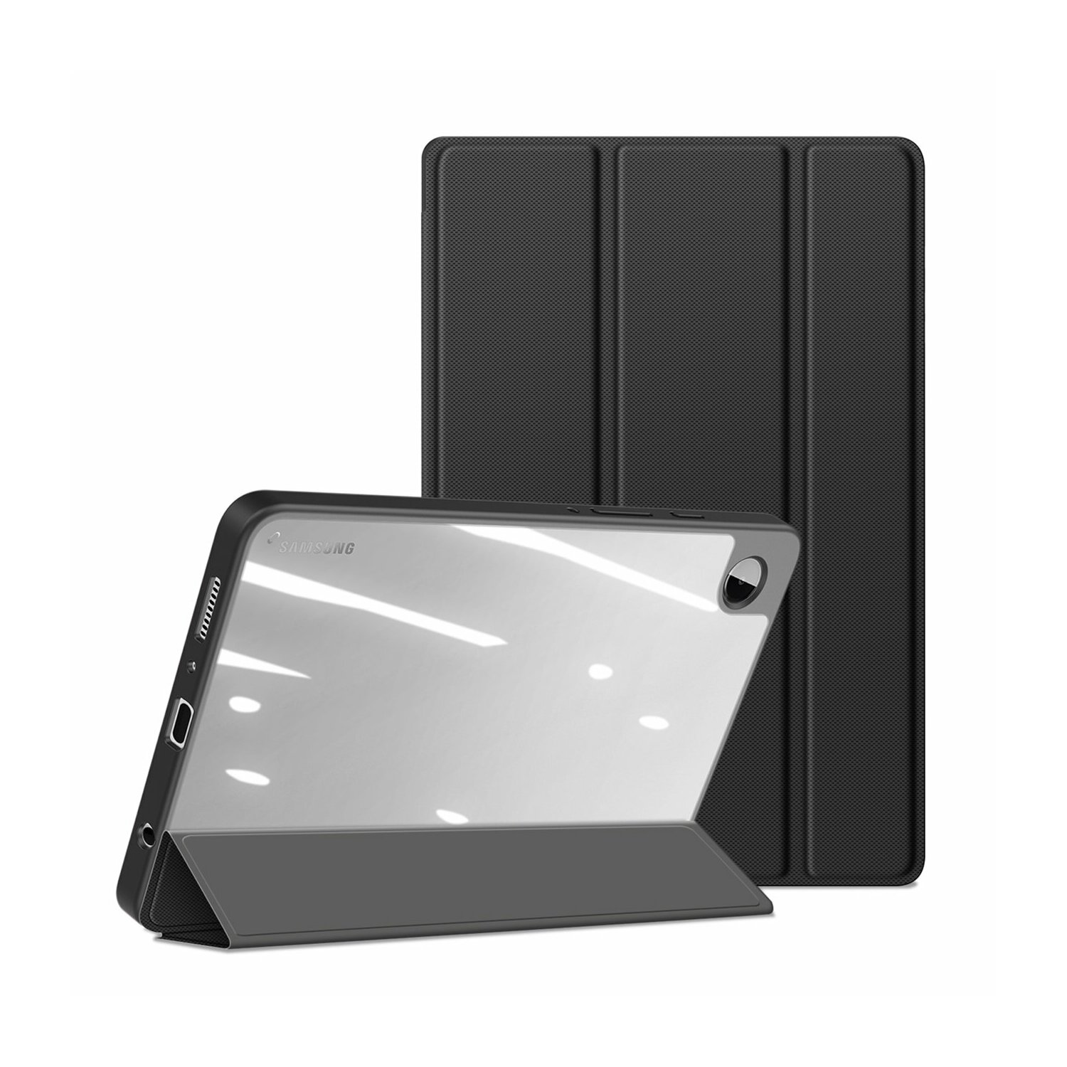 Ein schwarzes Tablet mit Ständer, Hülle und reflektierendem Bildschirm auf weißer Oberfläche.