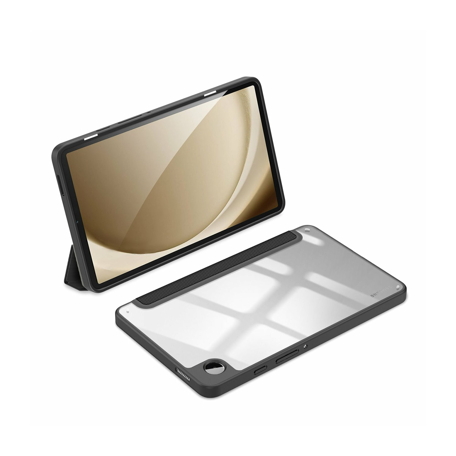 Ein schwarzes Tablet-Case mit einem Tablet darin. Das Case kann zum Aufstellen gefaltet werden.