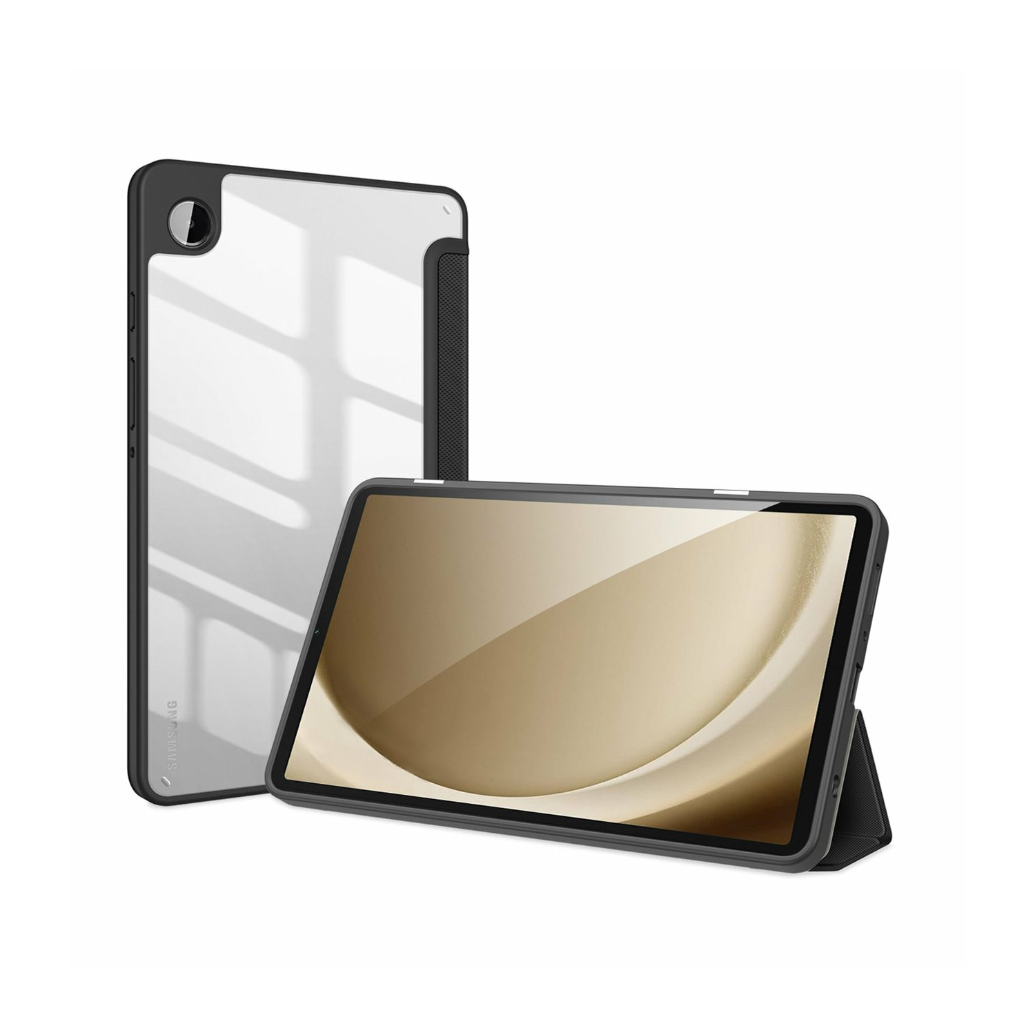 Tablet in einer schwarzen Hülle. Eine andere Hülle ist dahinter.