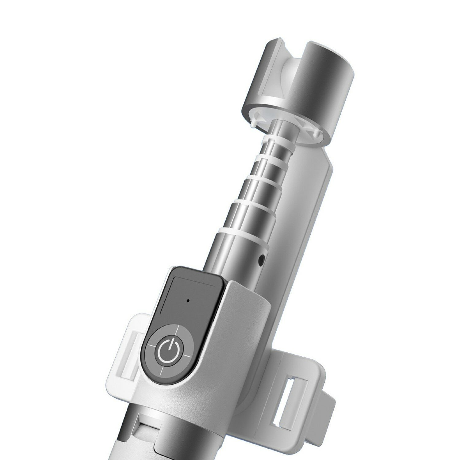 Biało-srebrny kij do selfie z przyciskiem i uchwytem na telefon, na białym tle.