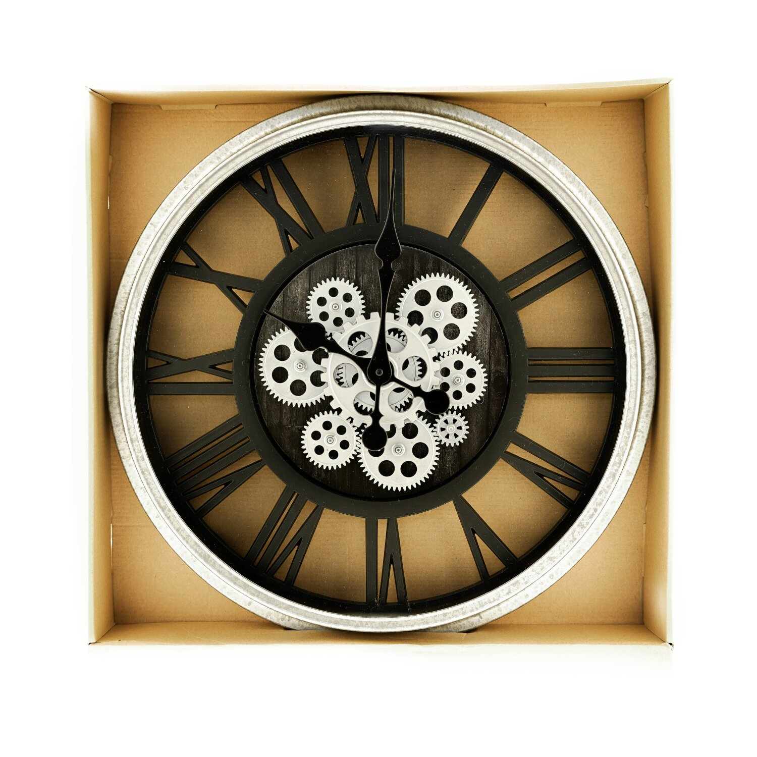 Uhr in einer Box, mit silbernem Rand, schwarzem Zifferblatt mit römischen Ziffern und Zahnrad-Design.