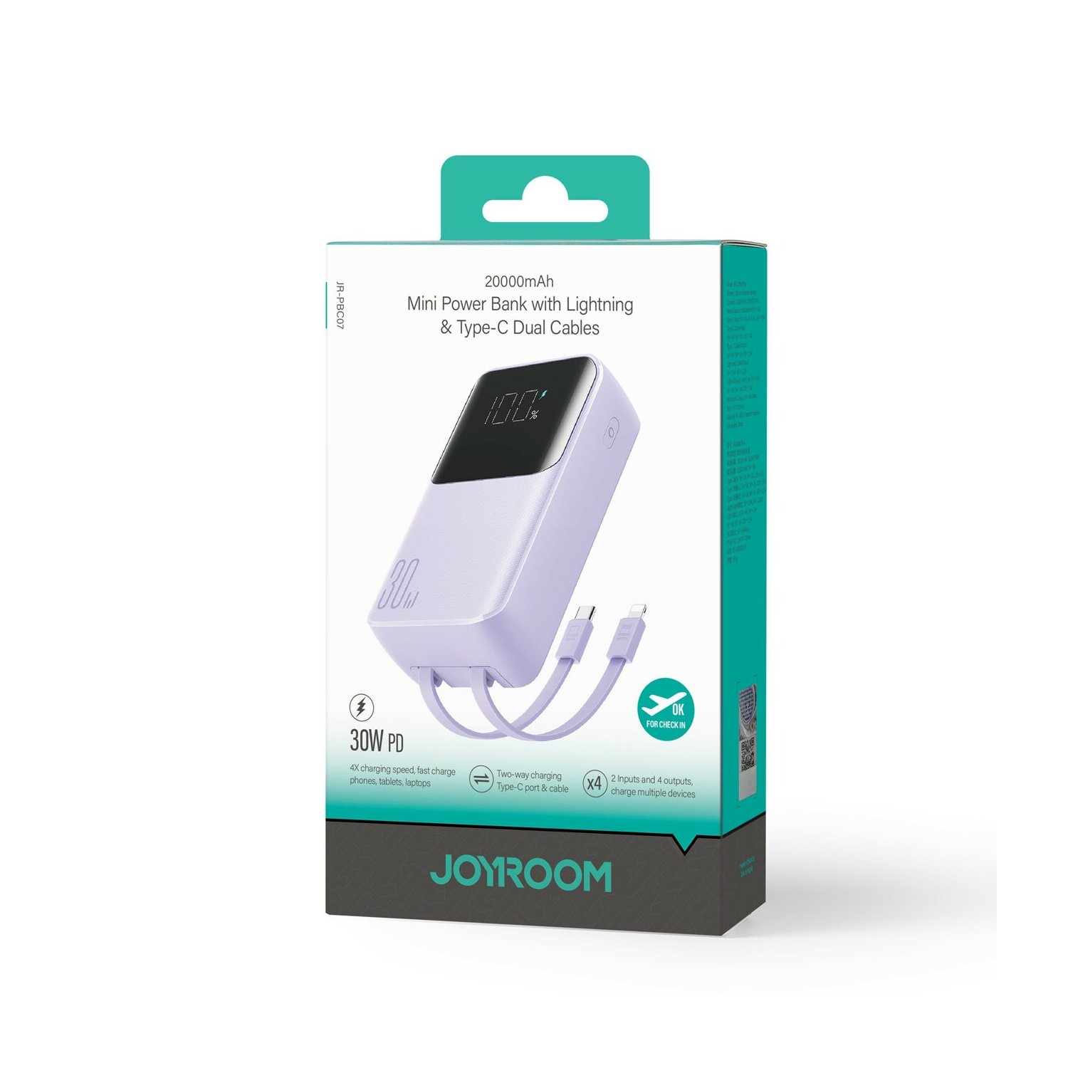 Pudełko z power bankiem, kablami. Tekst: 20000mAh, 30W PD, Joyroom. Kolory biały, fioletowy i czarny.
