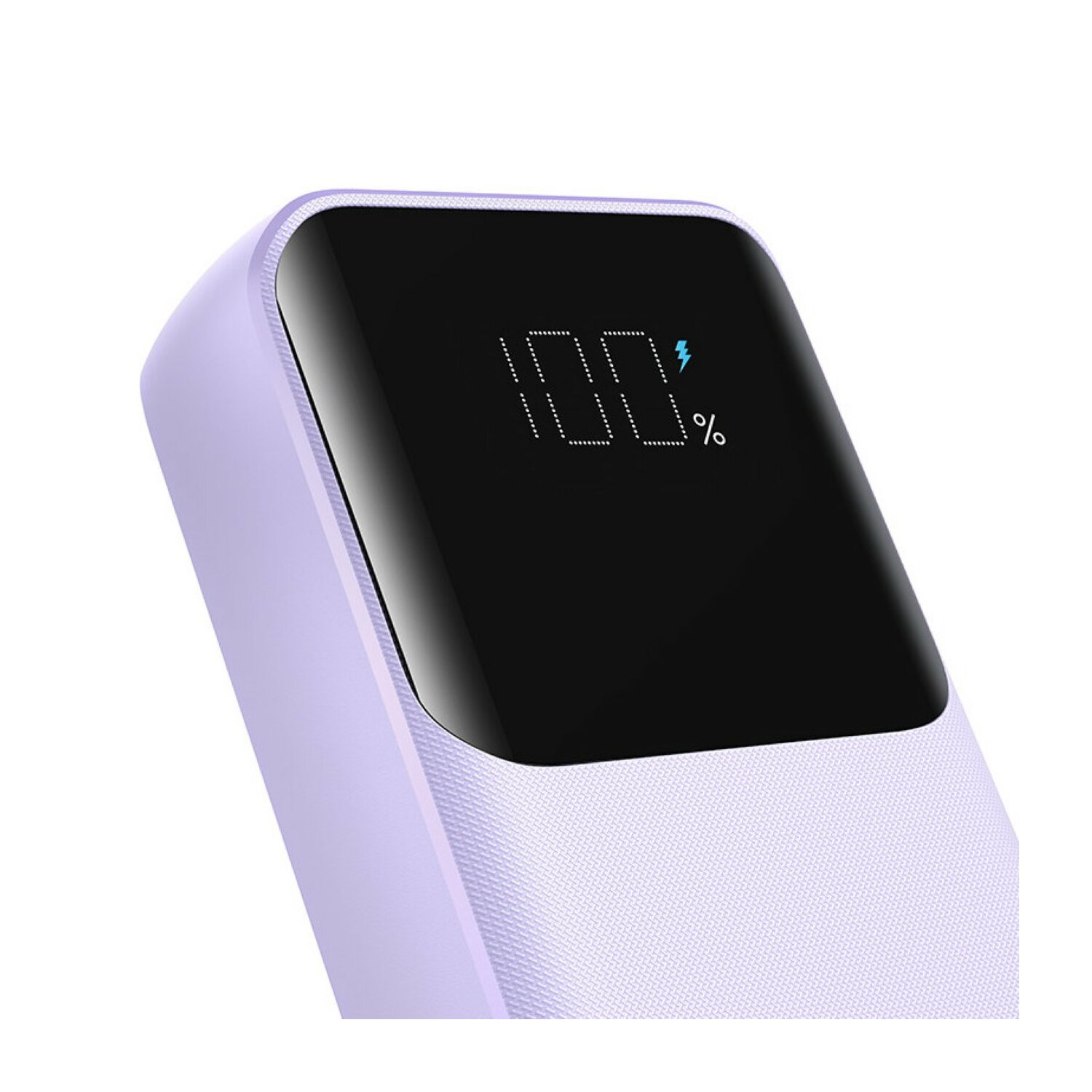 Liliowy power bank, czarny ekran pokazuje 100% naładowania.