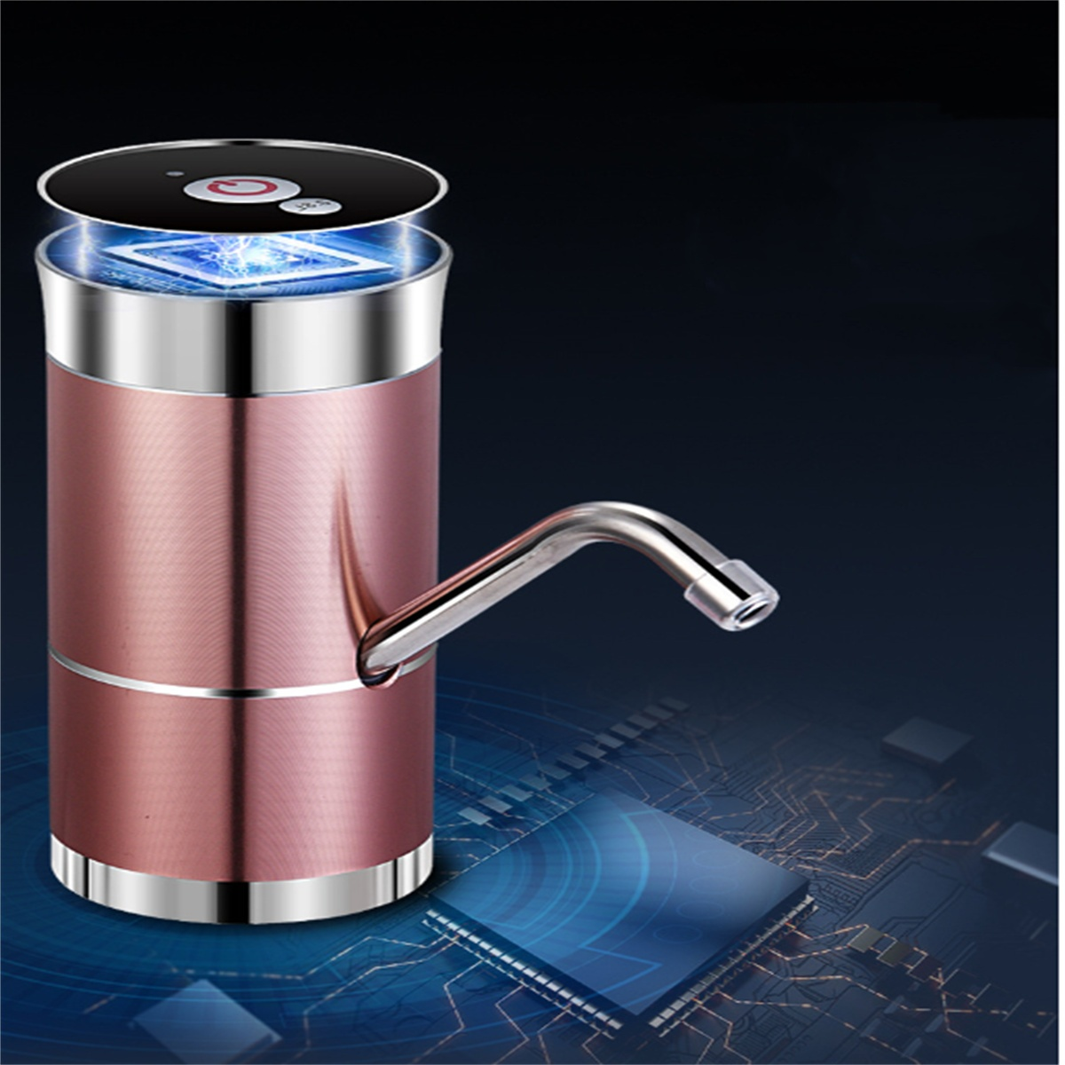 Metallisch rosa Wasserspender mit Touch-Bedienelementen und silbernem Ausguss vor dunklem Hintergrund.