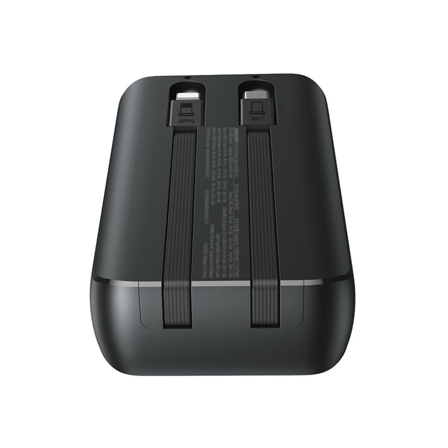 Schwarzes Multi-Port-Ladegerät mit zwei Ladekabeln und beschreibendem Text.
