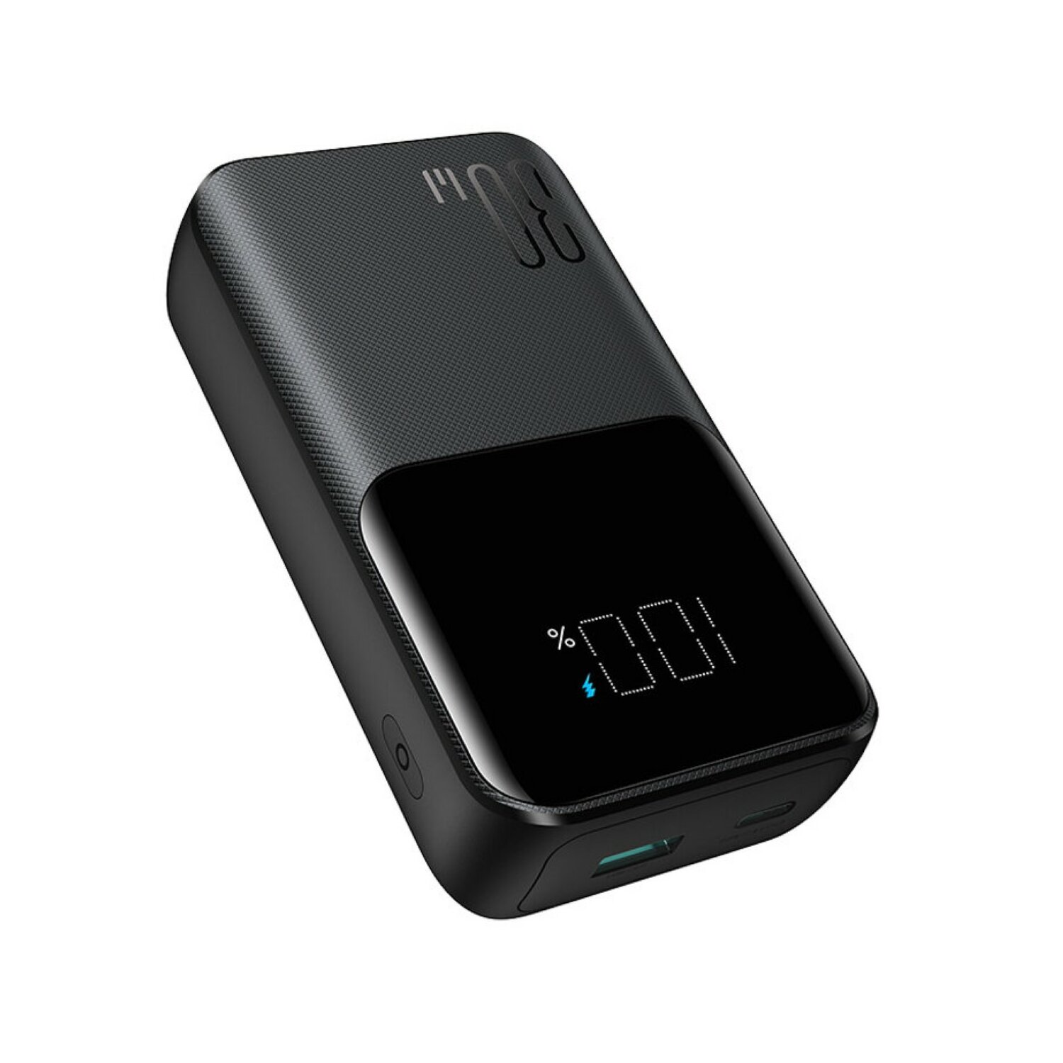 Schwarze Powerbank mit LED-Anzeige, die 100 % Ladung anzeigt.