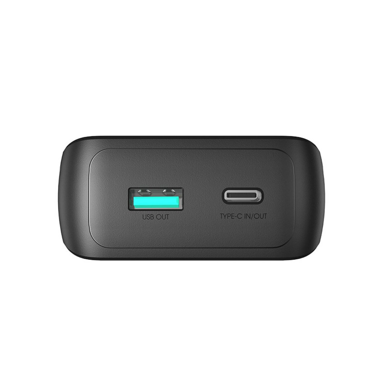 Ein schwarzer Netzadapter mit USB- und Typ-C-Anschlüssen, beschriftet mit USB OUT und TYPE-C IN/OUT.