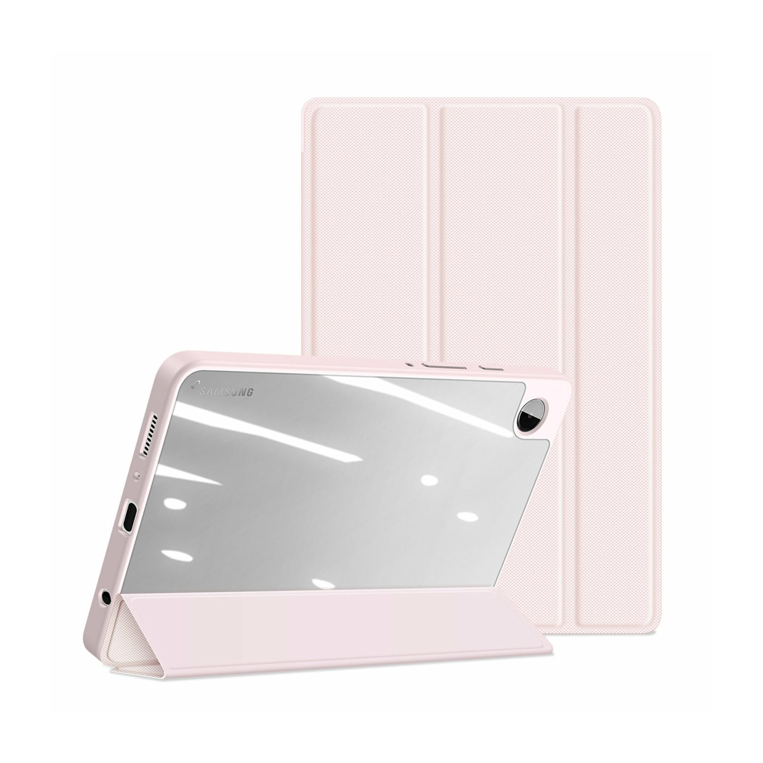 Rosa Tablet mit Hülle. Das Tablet hat einen spiegelartigen Bildschirm. Die Hülle ist auch rosa.