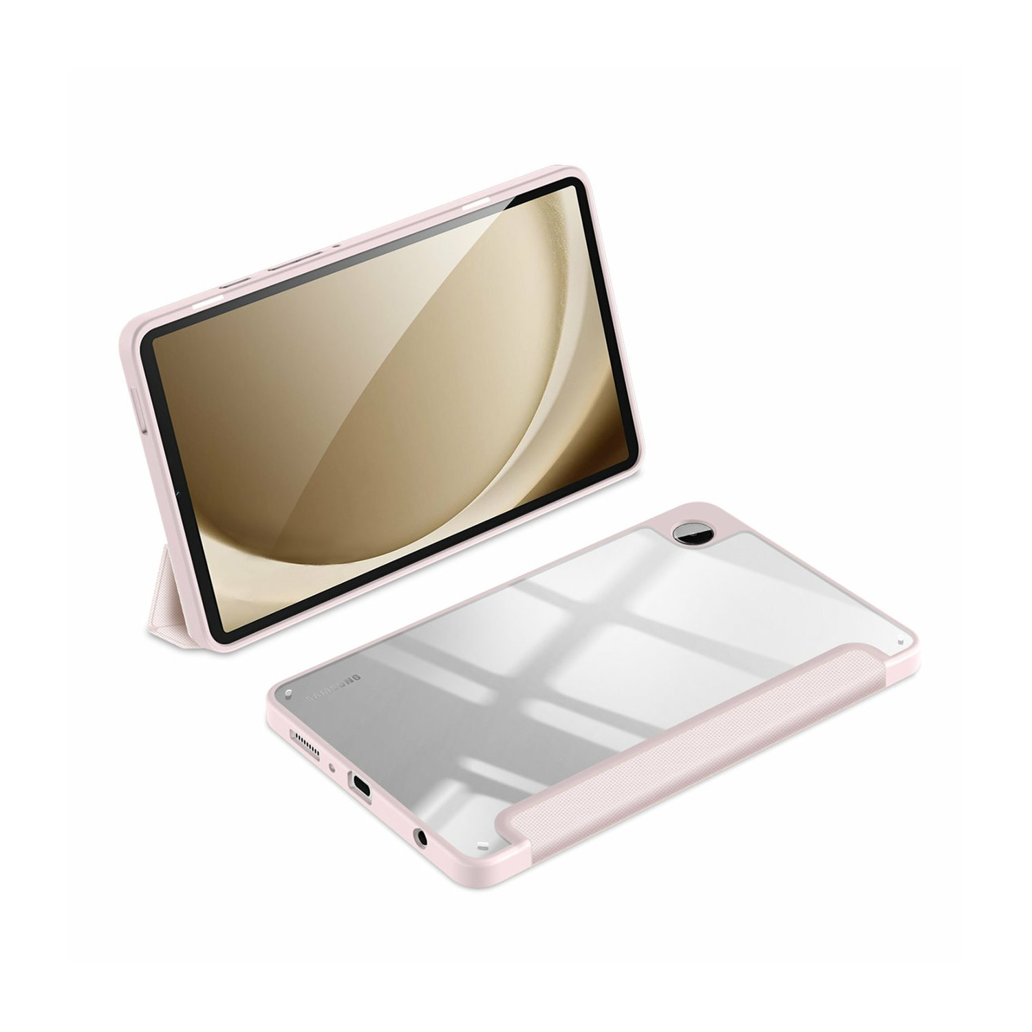 Eine rosa Tablethülle mit einem Tablet darin und einem weiteren auf dem Tisch liegend.