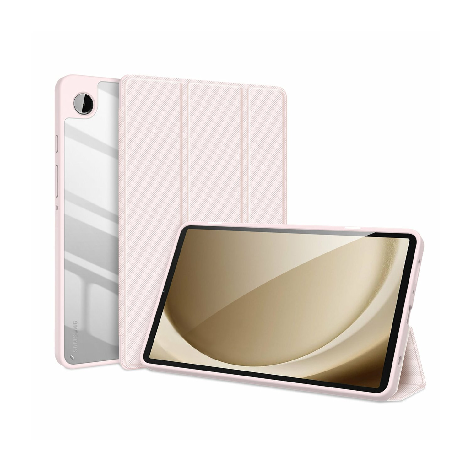 Ein rosa Tablet mit Hülle wird auf weißem Untergrund mit klarem Hintergrund gezeigt, Bildschirm sichtbar.