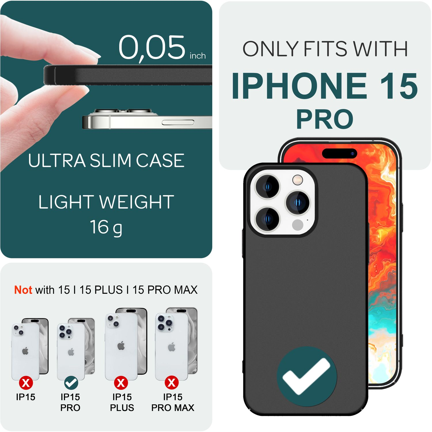 Eine Hülle für iPhone 15 Pro wird gezeigt. Andere iPhone-Modelle passen nicht.