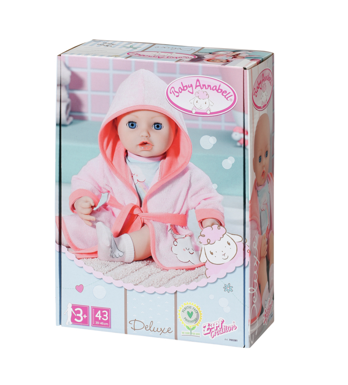 Eine Puppenbox wird gezeigt. Sie hat eine Puppe in einem rosa Bademantel. Auf der Box steht „Baby Annabell“.
