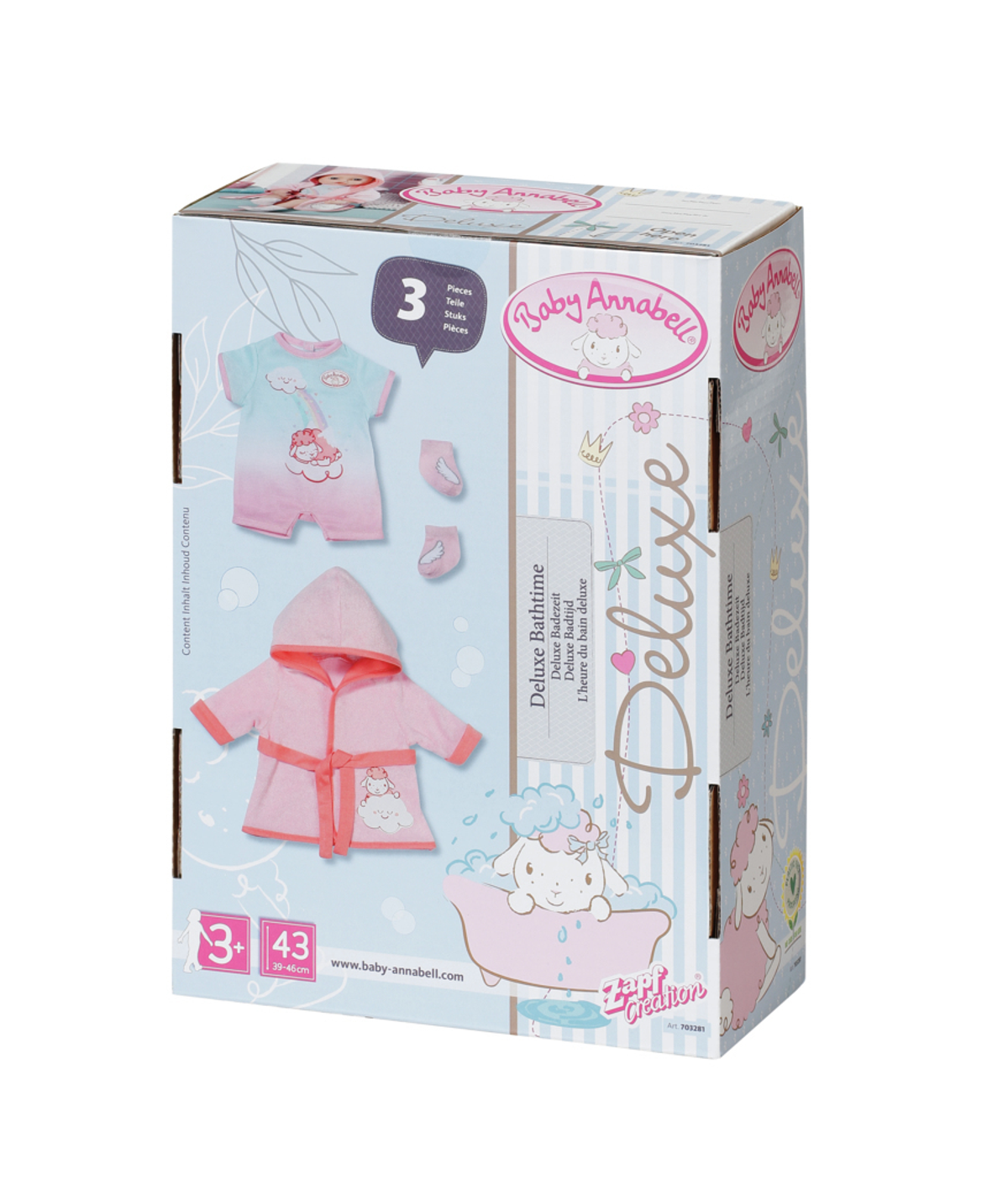 Box mit Baby Annabell Deluxe Bathtime Set, mit Kleidung, Zubehör und einer Babypuppe.