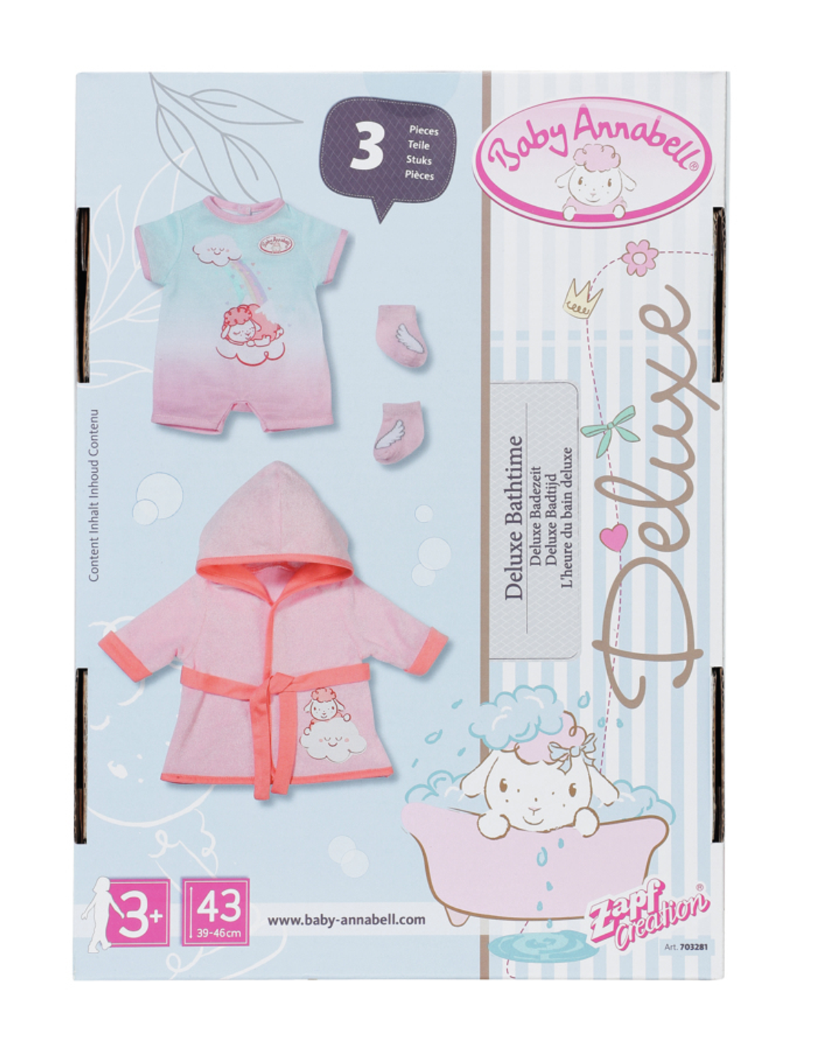Baby Annabell Deluxe Badewannen-Set; enthält Kleidung, Bademantel und eine Puppenillustration.
