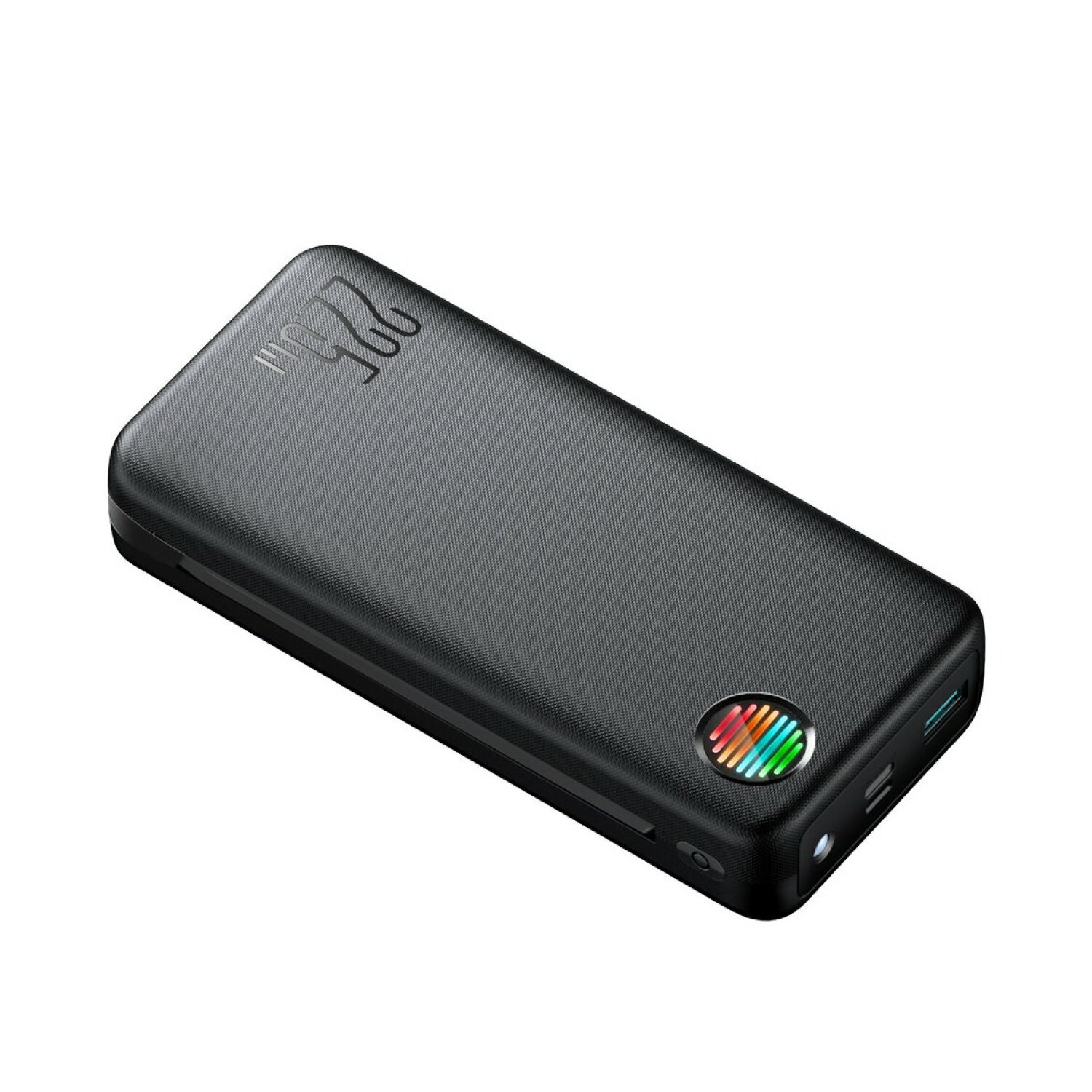 Eine schwarze Powerbank. Es hat eine Leistungsanzeige und ein mehrfarbiges Licht an der Seite.