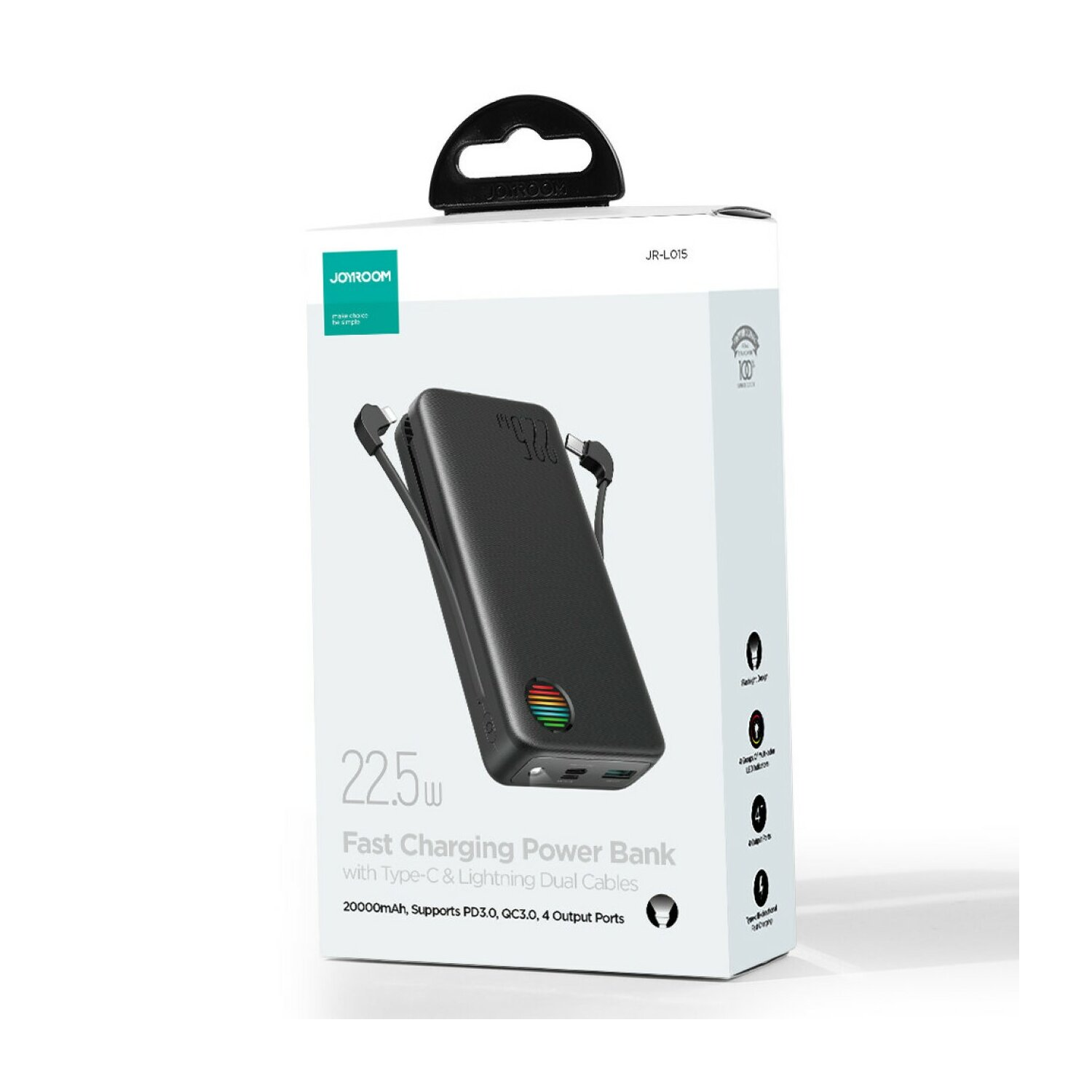 Eine schwarze Powerbank-Box mit Kabeln. Auf der Box steht '22,5W'.
