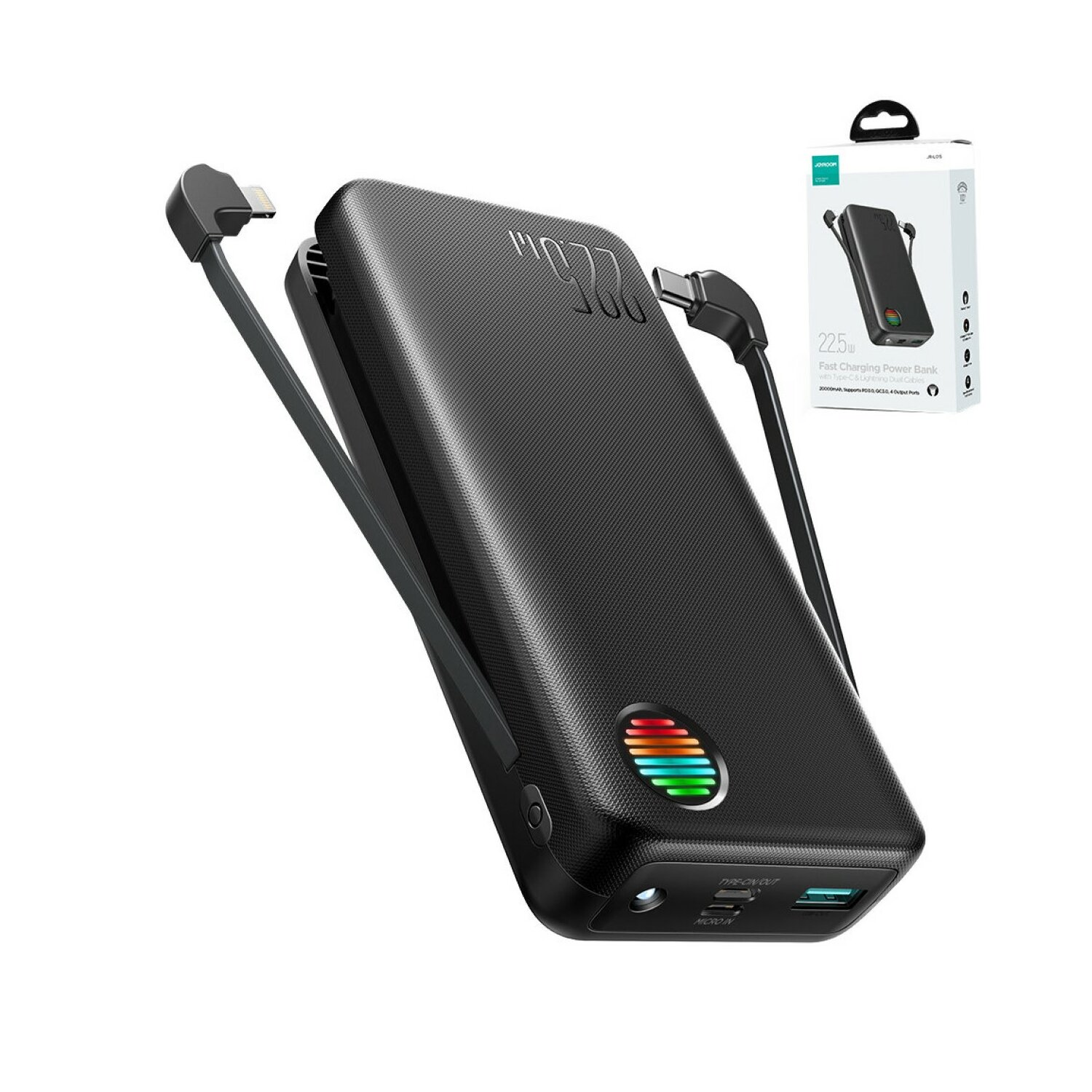 Schwarze Powerbank mit Ladekabeln und einem Display, mit einer Box in der Ecke.