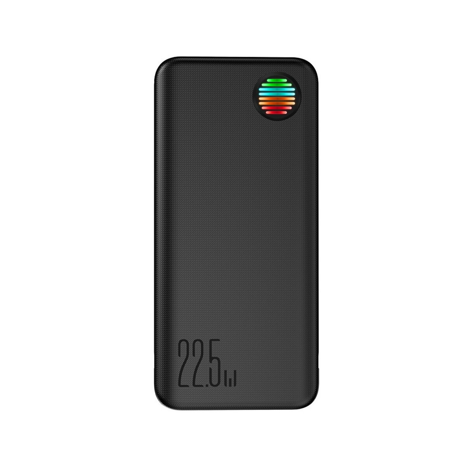 Schwarze Powerbank mit farbenfroher LED-Anzeige, die den Ladezustand anzeigt. Weißer Hintergrund.