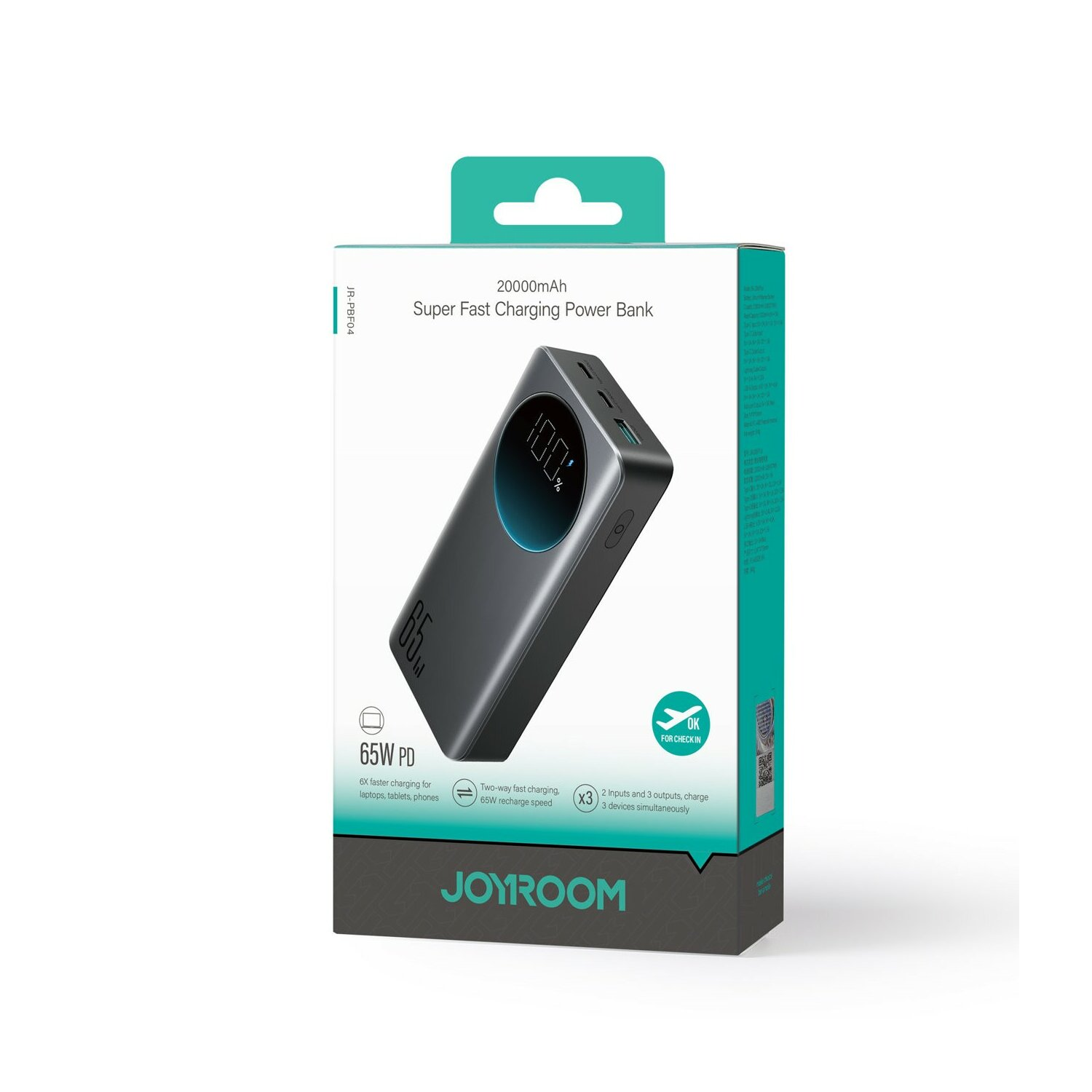 Czarny power bank z wyświetlaczem cyfrowym, tekstem '65W PD' i '20000mAh Super Fast Charging'.