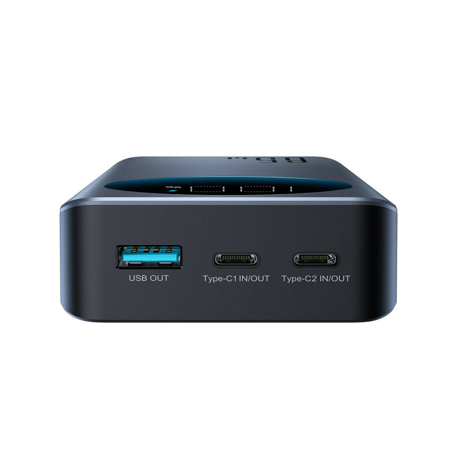 Ciemnoszary hub ładujący z wieloma portami oznaczonymi USB OUT, Type-C1/2 IN/OUT.