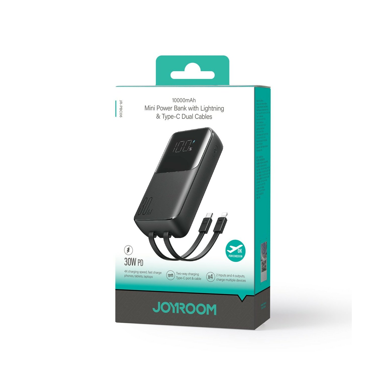 Schwarze Powerbank mit Lightning- und USB-C-Kabeln und Verpackung mit Text und Bildern.