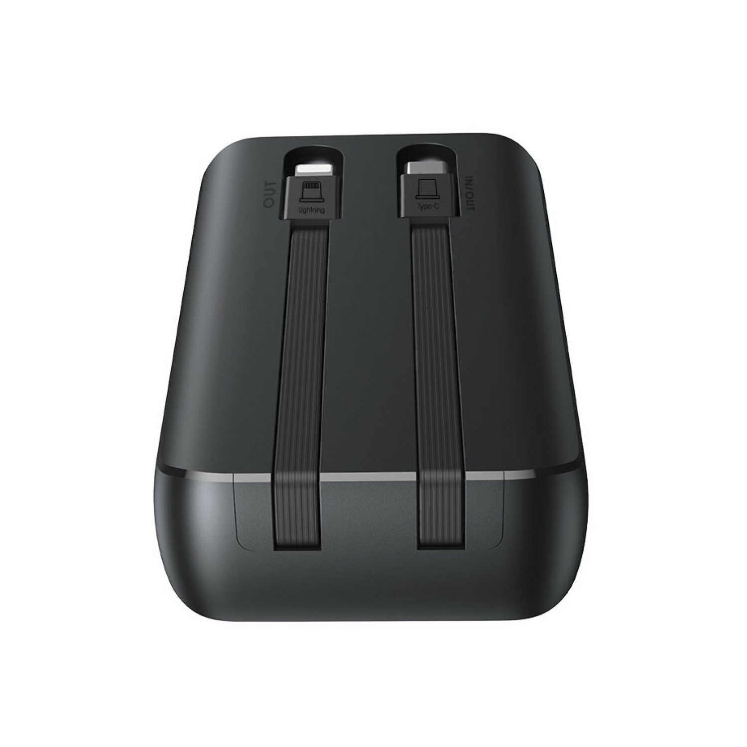 Ein schwarzes Ladegerät mit zwei Kabelanschlüssen. Die Anschlüsse sind mit Lightning und Type-C beschriftet.