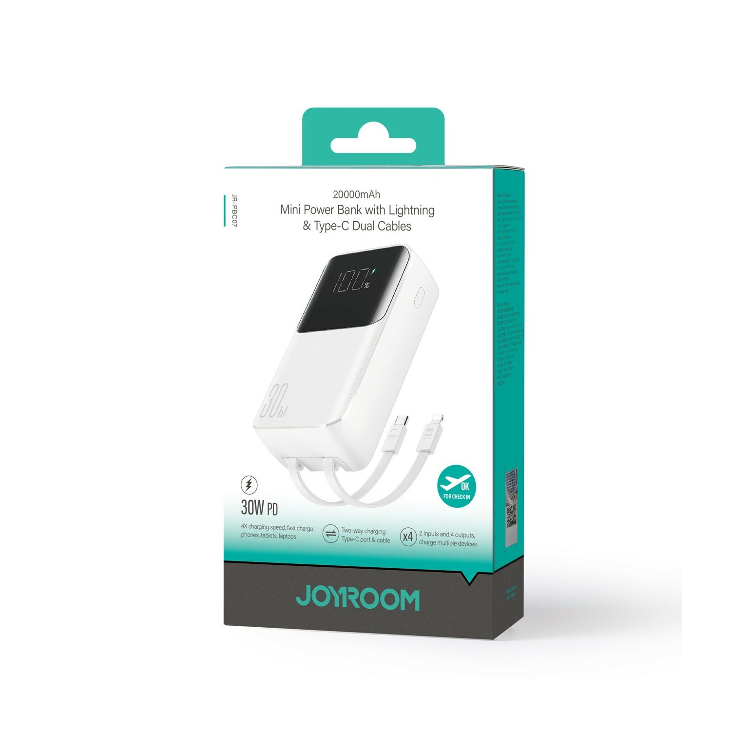 Weiße Powerbank-Box mit Lightning- und Typ-C-Kabeln. Sie verfügt über einen Bildschirm mit 100 % Ladung.