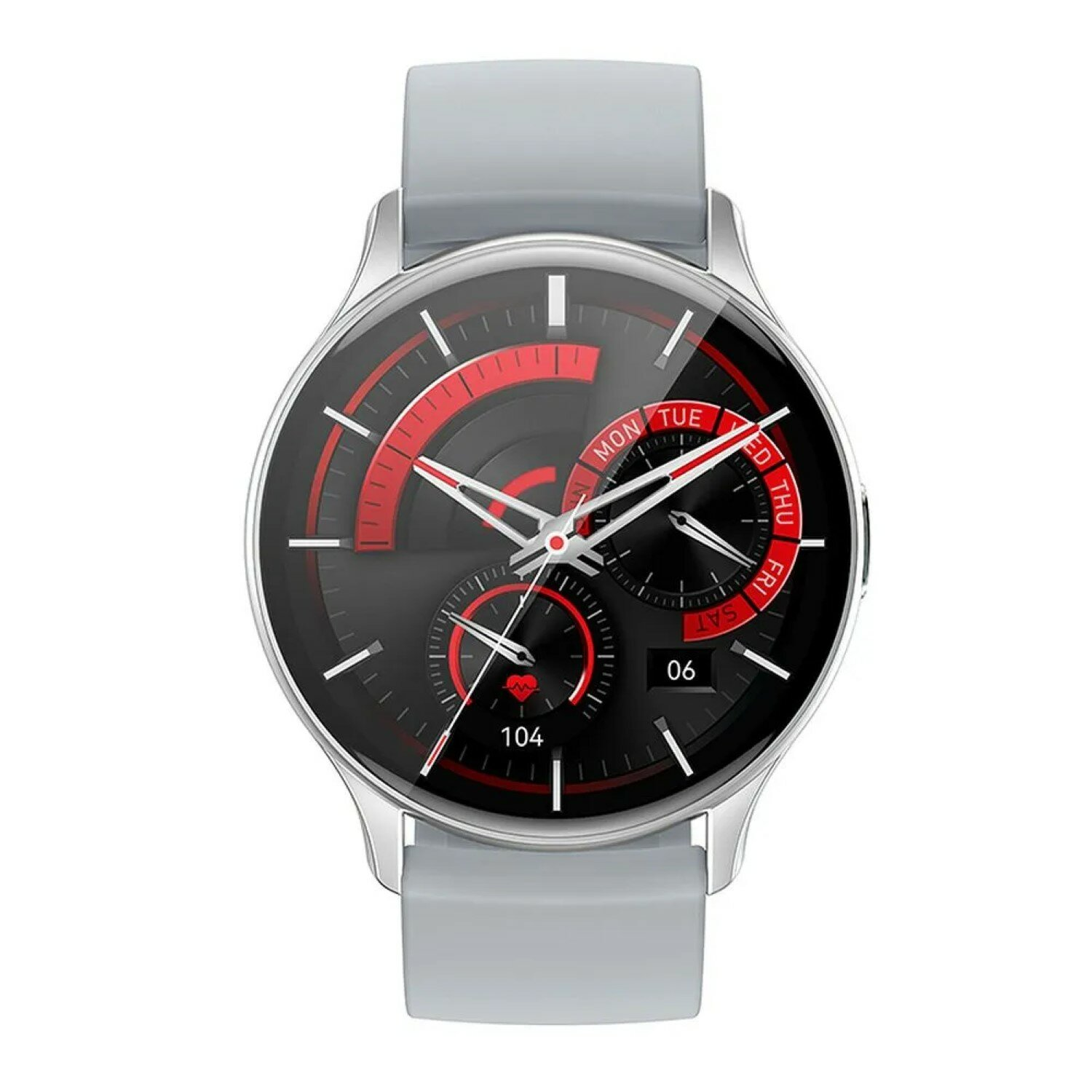 Uno smartwatch argentato con quadrante nero e rosso e cinturino grigio.