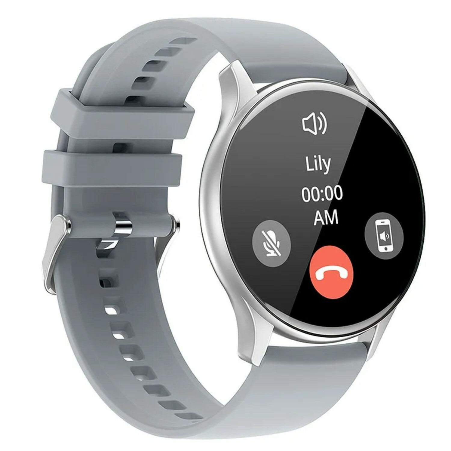 Uno smartwatch con cinturino grigio. Lo schermo mostra una chiamata in arrivo da Lily.