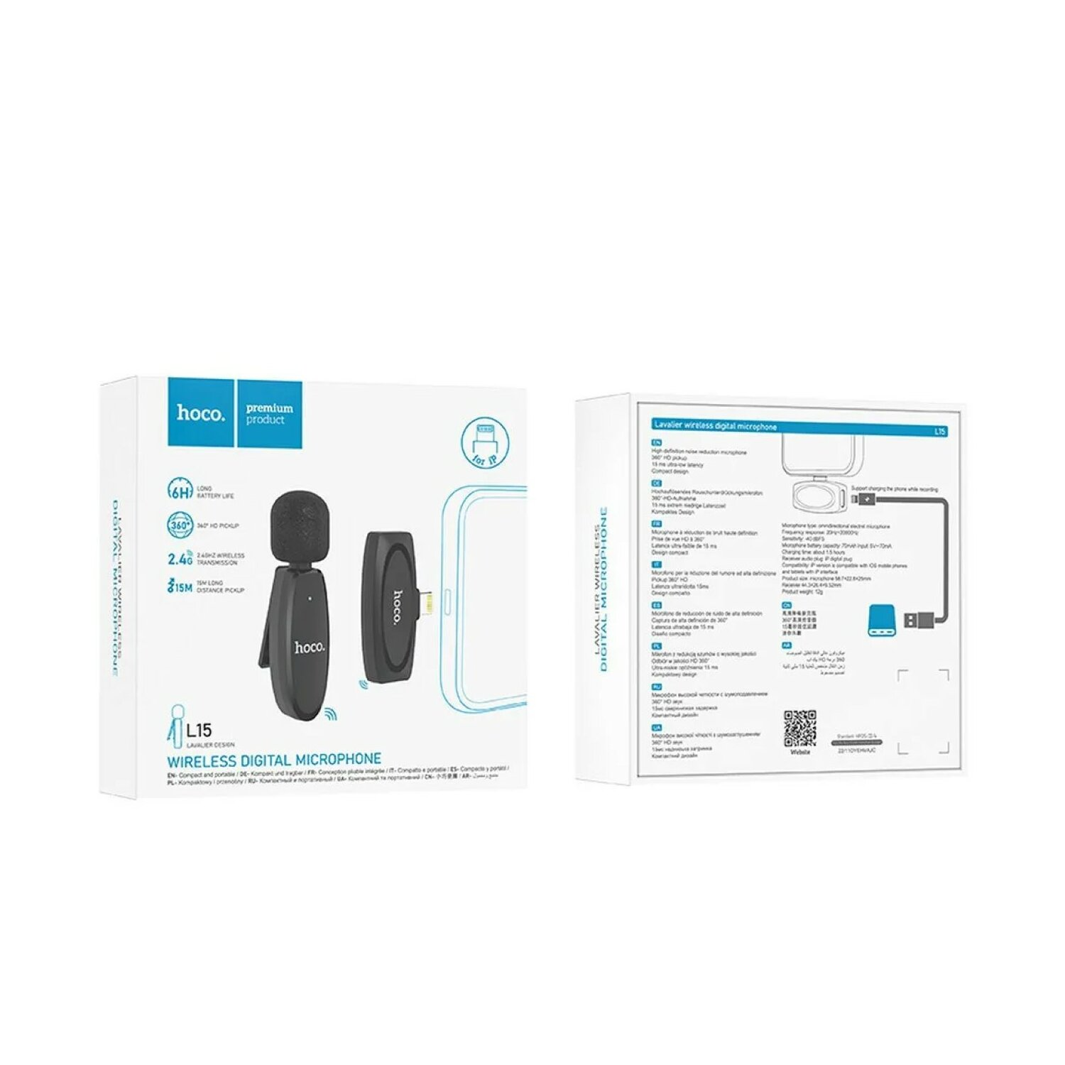 Schwarzes drahtloses digitales Mikrofon mit Verpackung, die das Produkt und seine Funktionen zeigt.