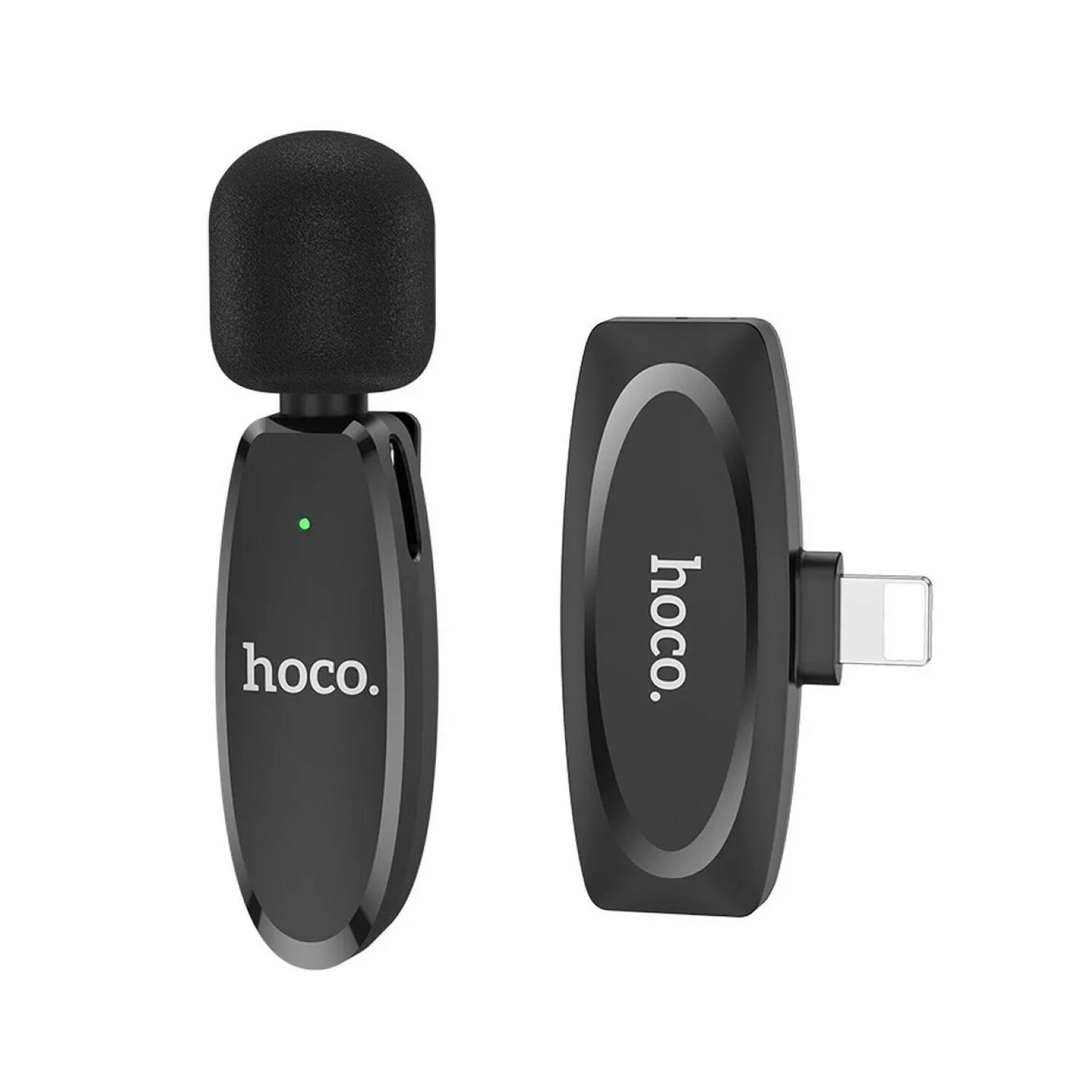 Ein schwarzes Mikrofon und ein Stecker. Beide tragen das Wort 'hoco.' darauf.