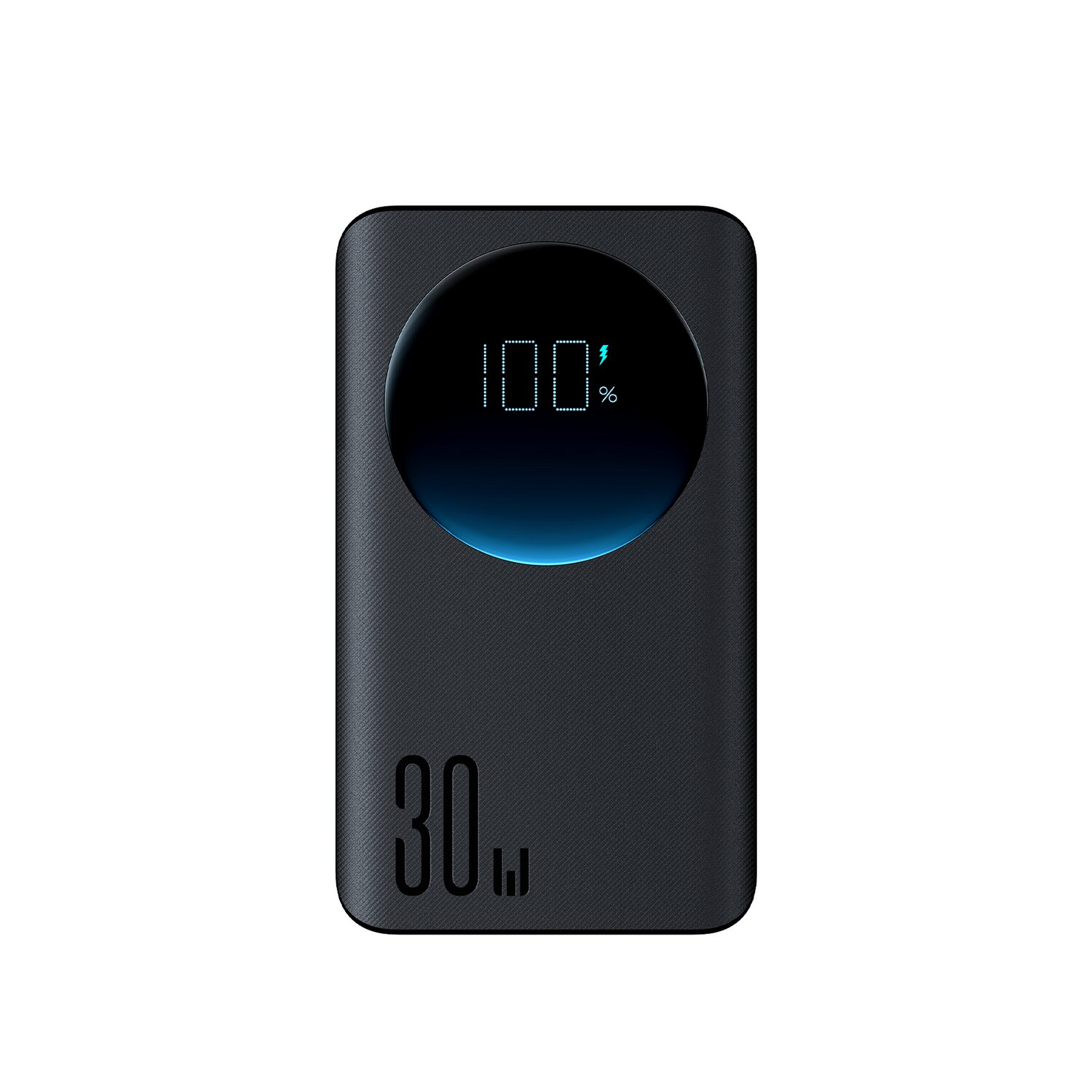 Czarny power bank z okrągłym wyświetlaczem pokazującym 100%. Tekst '30w' na dole. Teksturowana powierzchnia.