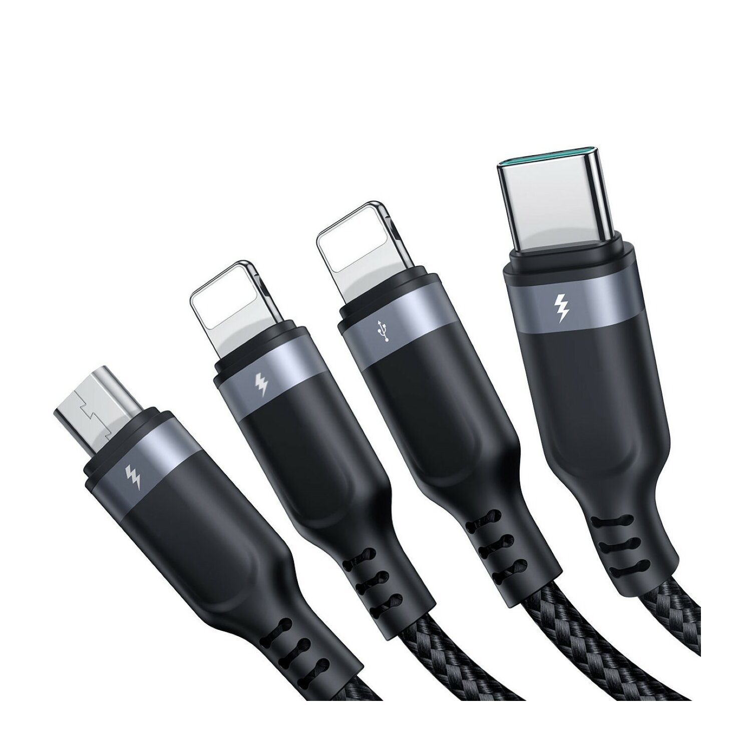 Cztery kable ładujące. Dwa to Lightning, a dwa USB-C. Czarne kable.