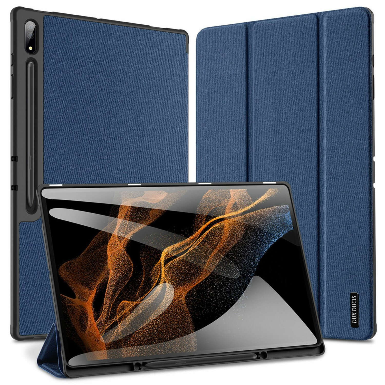 Ein Tablet mit blauem Gehäuse. Das Gehäuse ist gefaltet, um das Tablet aufzustellen.