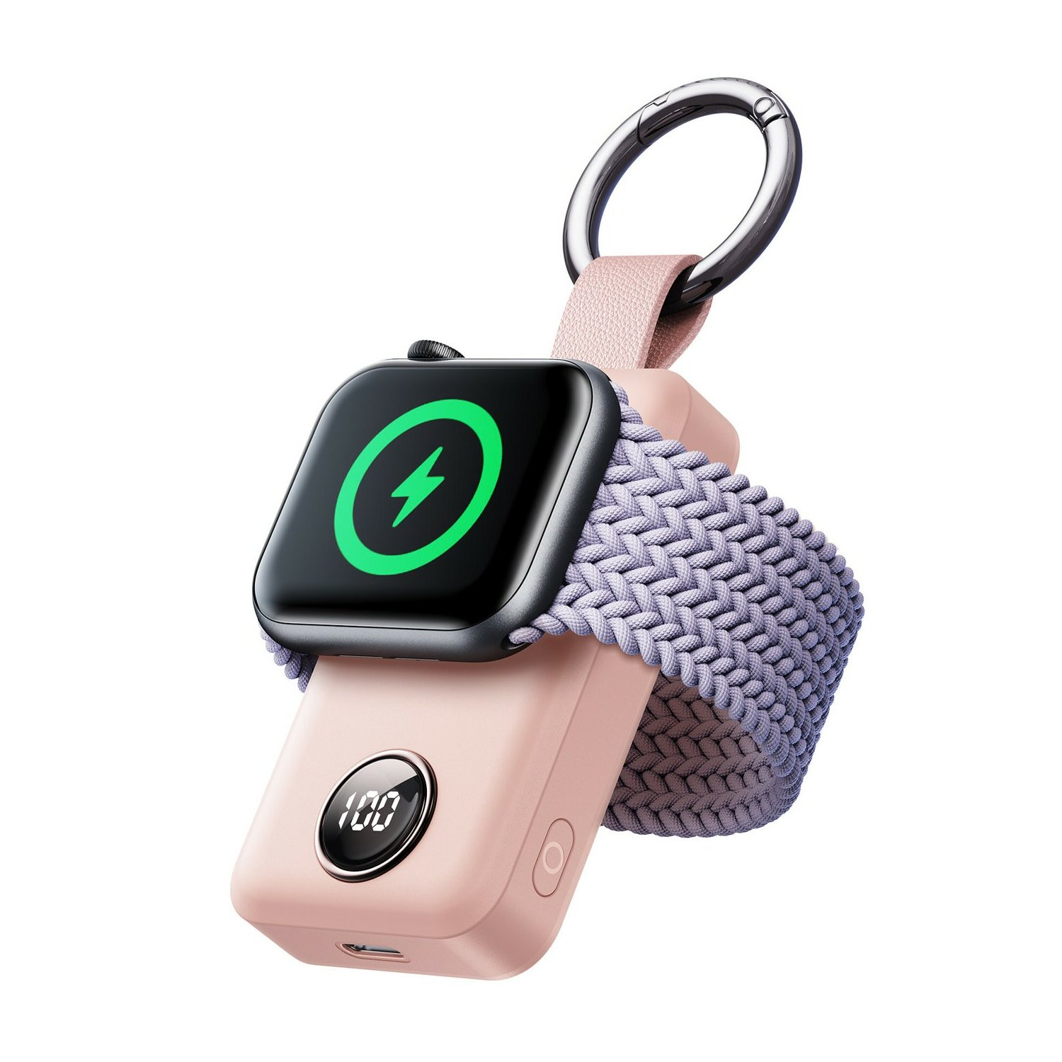 Banco de energía rosa con cargador de reloj y reloj adjunto.