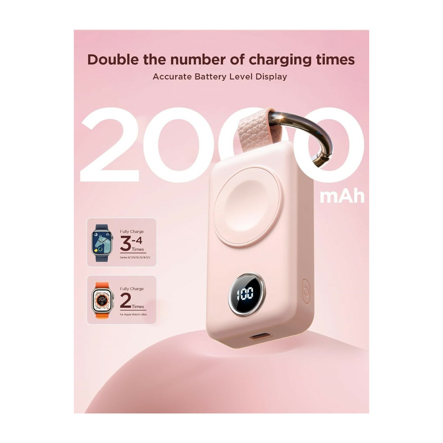 Cargador portátil rosa para Apple Watch, con pantalla digital que muestra el porcentaje de batería y un bucle.