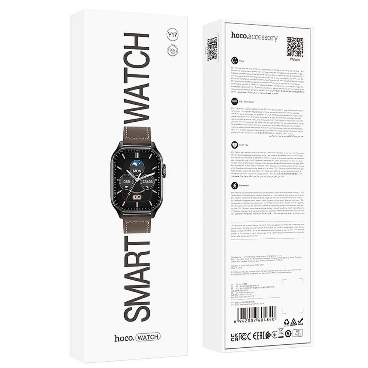 Eine weiße Schachtel mit einer Uhr darauf. Text: Smart Watch und hoco. Zubehör. Die Uhr befindet sich auf einem braunen Armband.