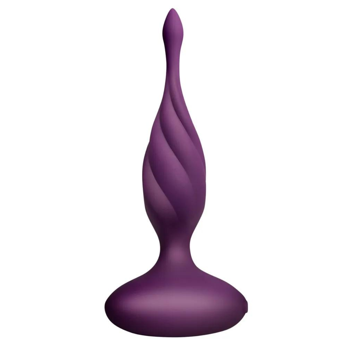 Ein lila Sexspielzeug mit Spiraldesign wird vor weißem Hintergrund gezeigt.
