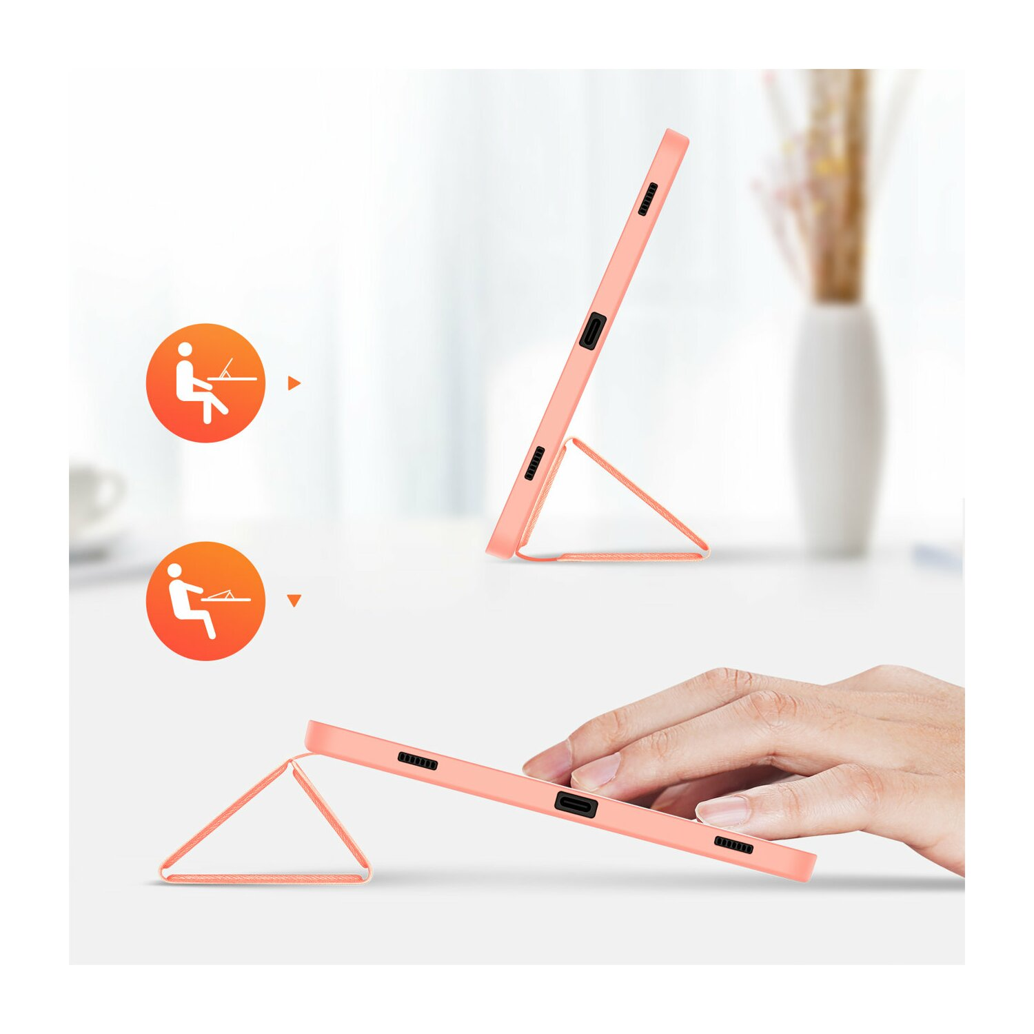Una custodia per tablet in due modalità, sollevata per digitare e visualizzare, che dimostra diversi angoli di utilizzo.